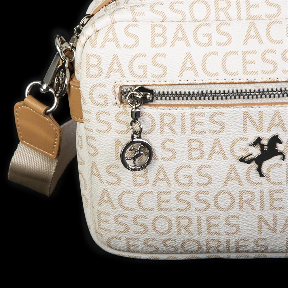 Nas Bag Kadın Çapraz Çanta Mini Cüzdanlı Ayarlanabilir Askılı Krem Camel Yazılı