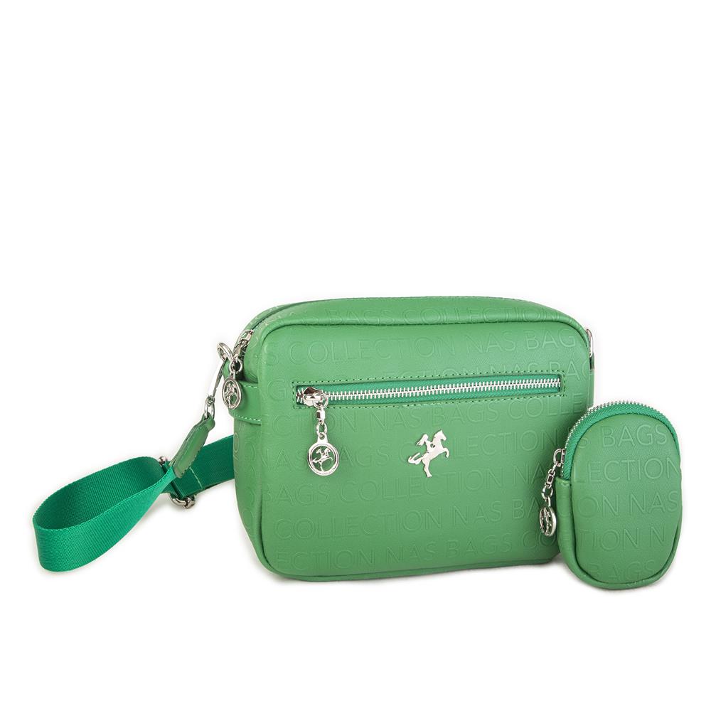 Nas Bag Kadın Çapraz Çanta Mini Cüzdanlı Ayarlanabilir Askılı Çim Yeşili Gofraj
