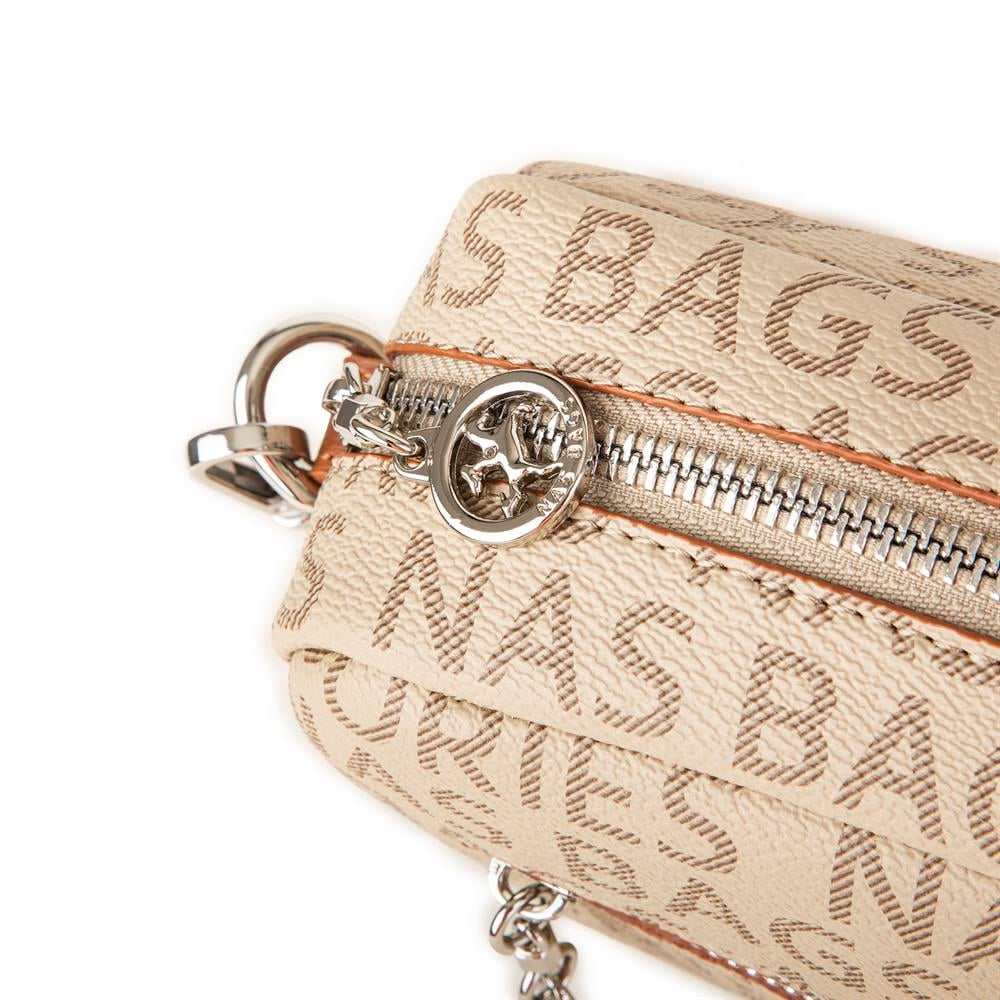 Nas Bag Kadın Çapraz Çanta Mini Cüzdanlı Ayarlanabilir Askılı Vizon Taba Yazılı