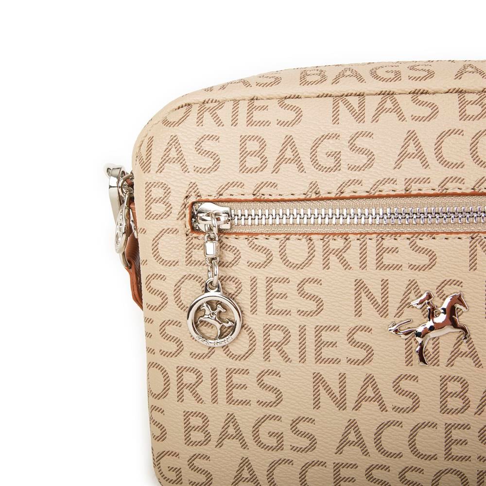 Nas Bag Kadın Çapraz Çanta Mini Cüzdanlı Ayarlanabilir Askılı Vizon Taba Yazılı
