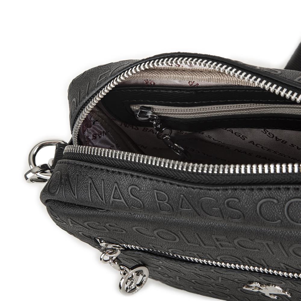 Nas Bag Kadın Çapraz Çanta Mini Cüzdanlı Ayarlanabilir Askılı Siyah Gofraj