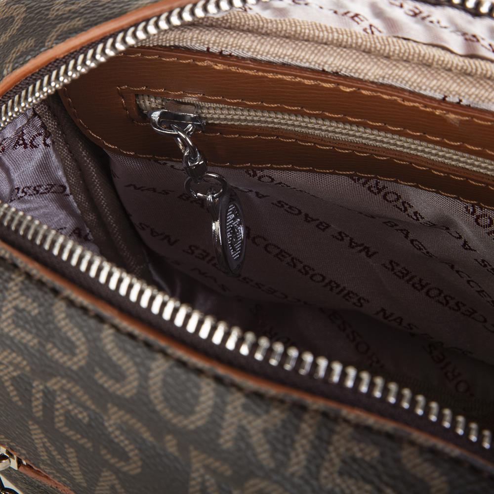 Nas Bag Kadın Çapraz Çanta Mini Cüzdanlı Ayarlanabilir Askılı Kahve Taba Yazılı