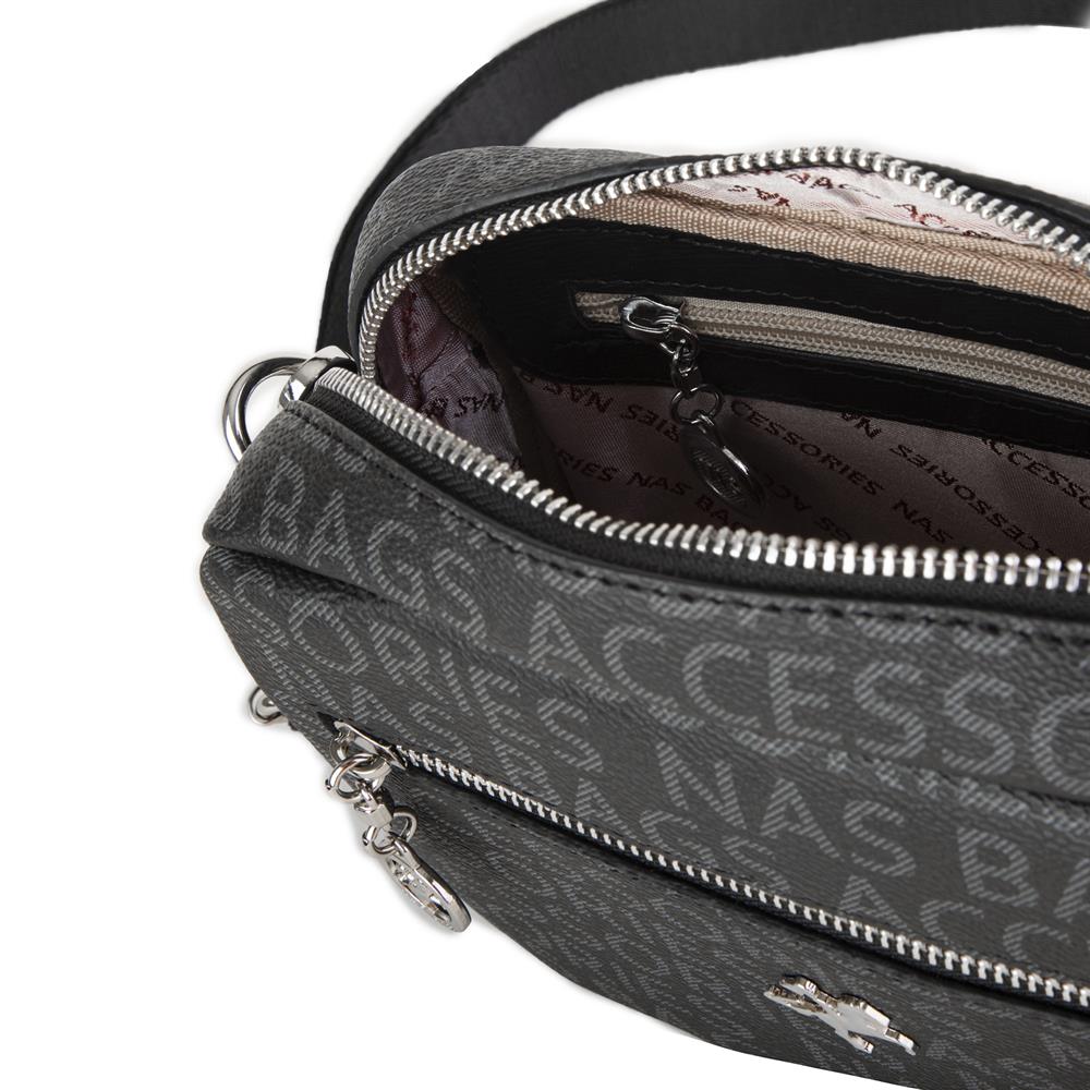 Nas Bag Kadın Çapraz Çanta Mini Cüzdanlı Ayarlanabilir Askılı Siyah Yazılı
