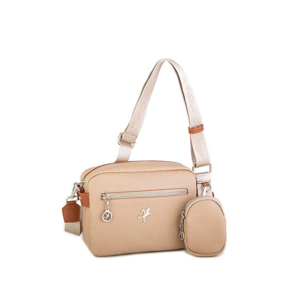 Nas Bag Kadın Çapraz Çanta Mini Cüzdanlı Ayarlanabilir Askılı Vizon Taba   Gofraj