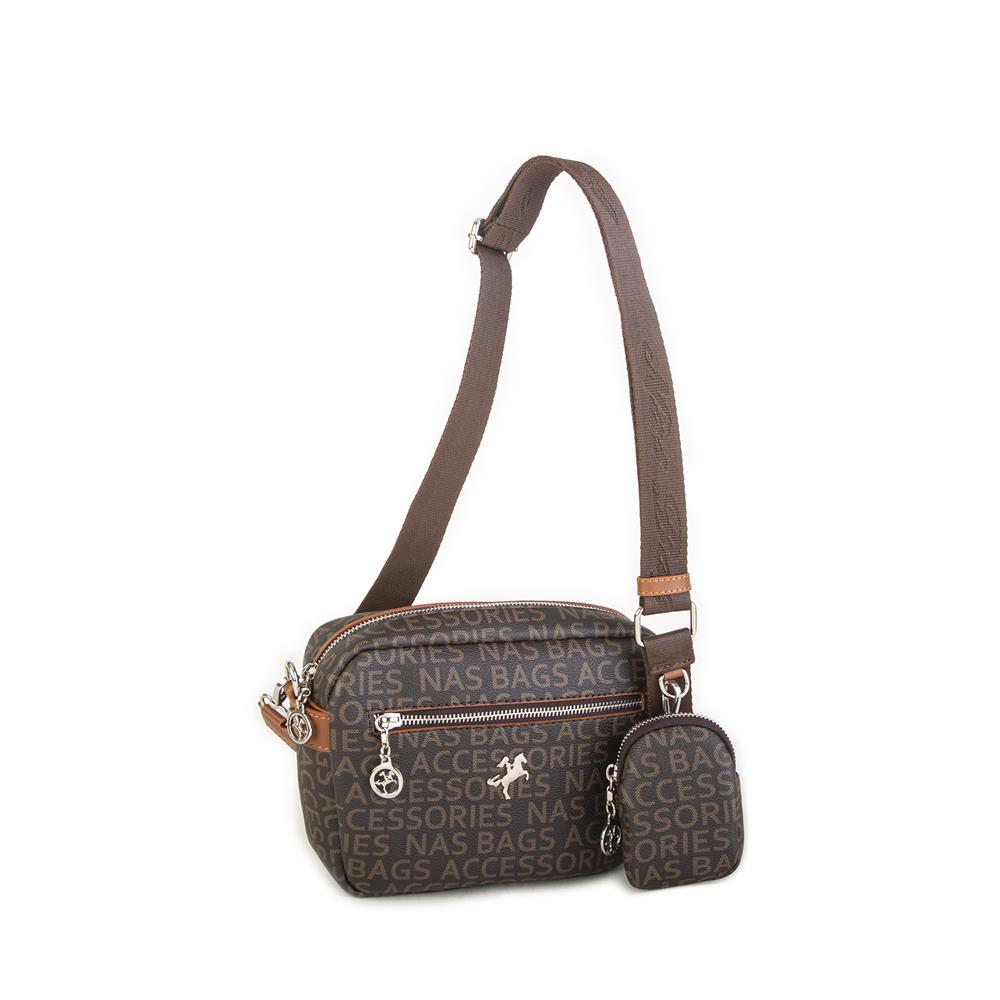 Nas Bag Kadın Çapraz Çanta Mini Cüzdanlı Ayarlanabilir Askılı Kahve Taba Yazılı