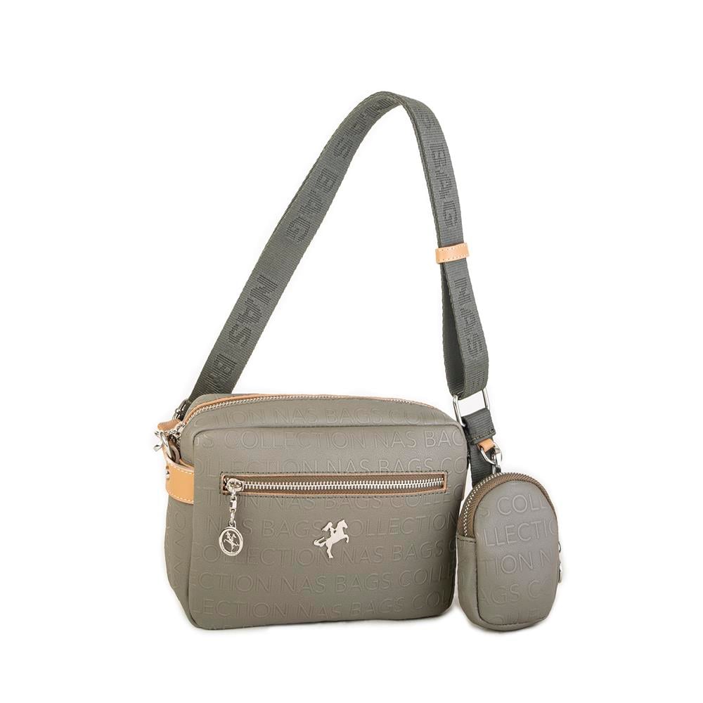 Nas Bag Kadın Çapraz Çanta Mini Cüzdanlı Ayarlanabilir Askılı Yeşil Camel  Gofraj