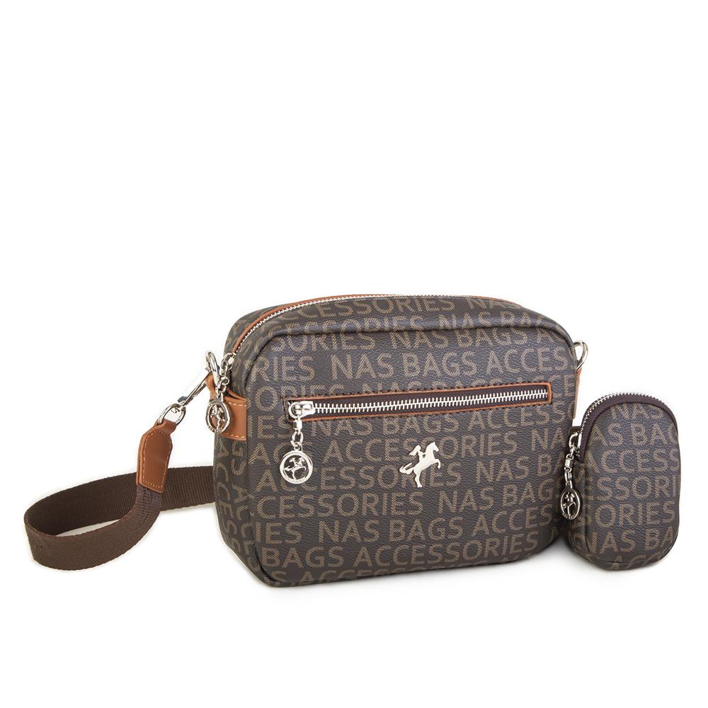 Nas Bag Kadın Çapraz Çanta Mini Cüzdanlı Ayarlanabilir Askılı Kahve Taba Yazılı