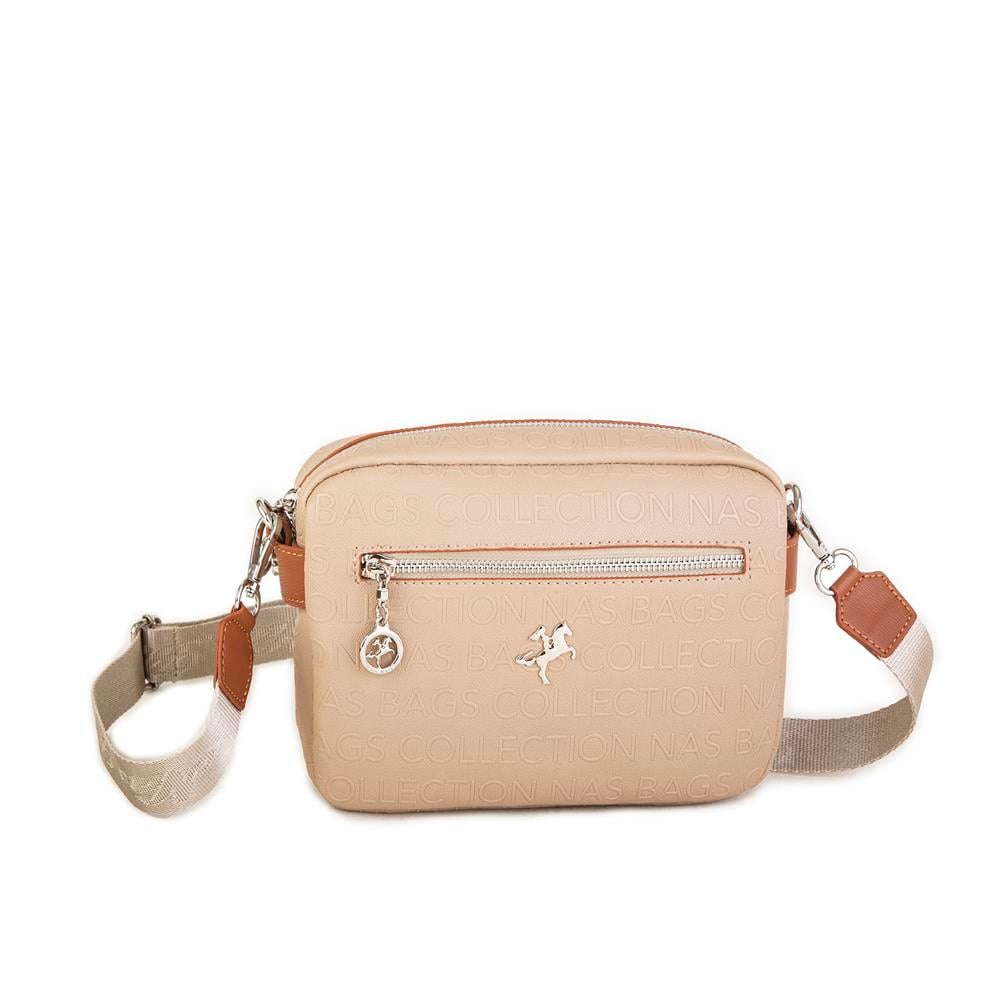 Nas Bag Kadın Çapraz Çanta Mini Cüzdanlı Ayarlanabilir Askılı Vizon Taba   Gofraj