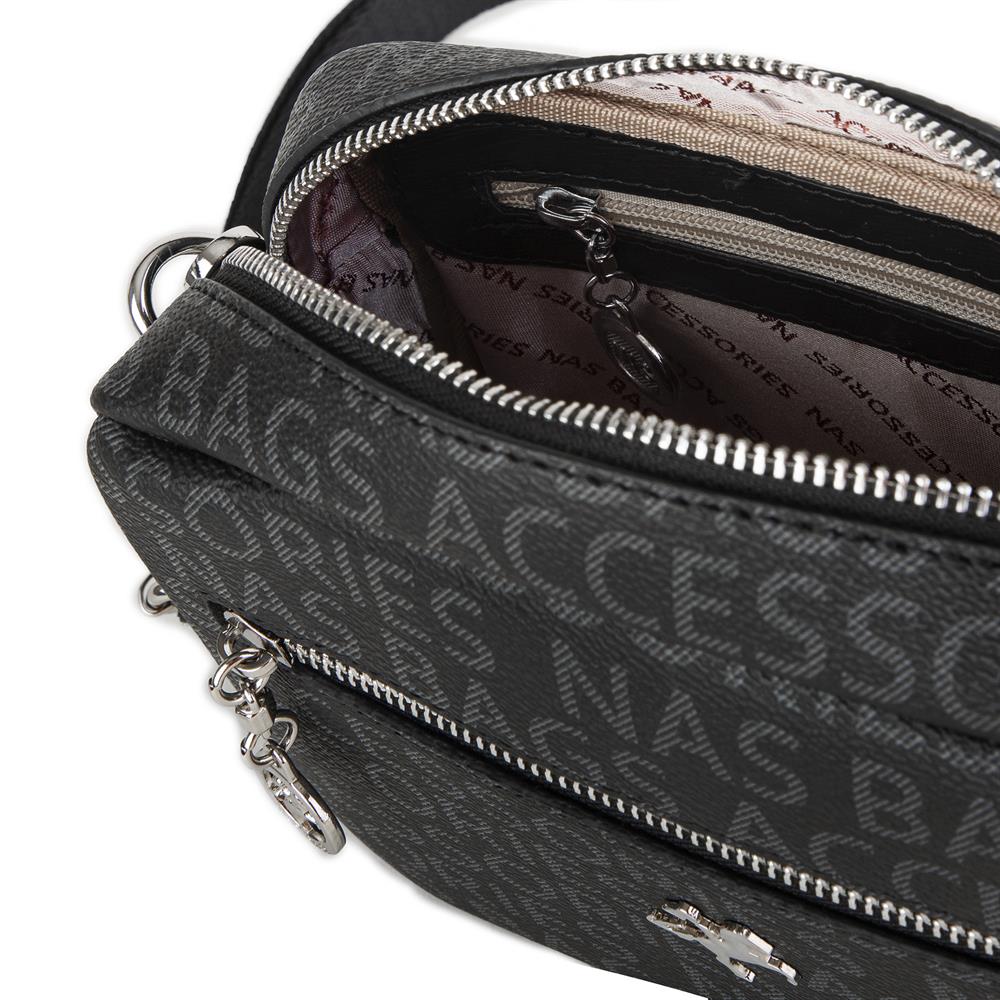 Nas Bag Kadın Çapraz Çanta Mini Cüzdanlı Ayarlanabilir Askılı Siyah Yazılı