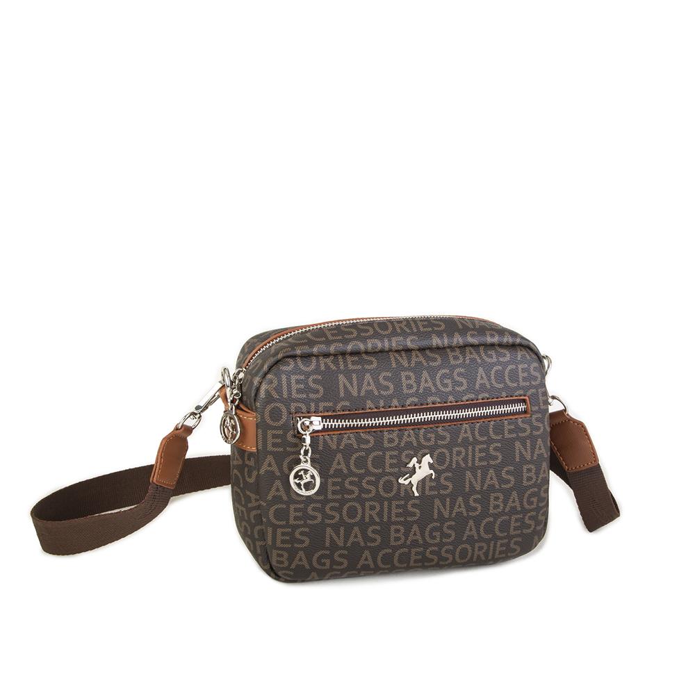 Nas Bag Kadın Çapraz Çanta Mini Cüzdanlı Ayarlanabilir Askılı Kahve Taba Yazılı