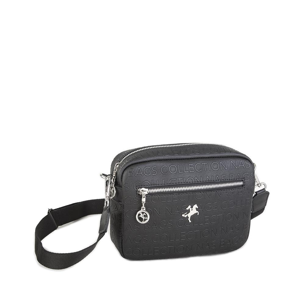 Nas Bag Kadın Çapraz Çanta Mini Cüzdanlı Ayarlanabilir Askılı Siyah Gofraj