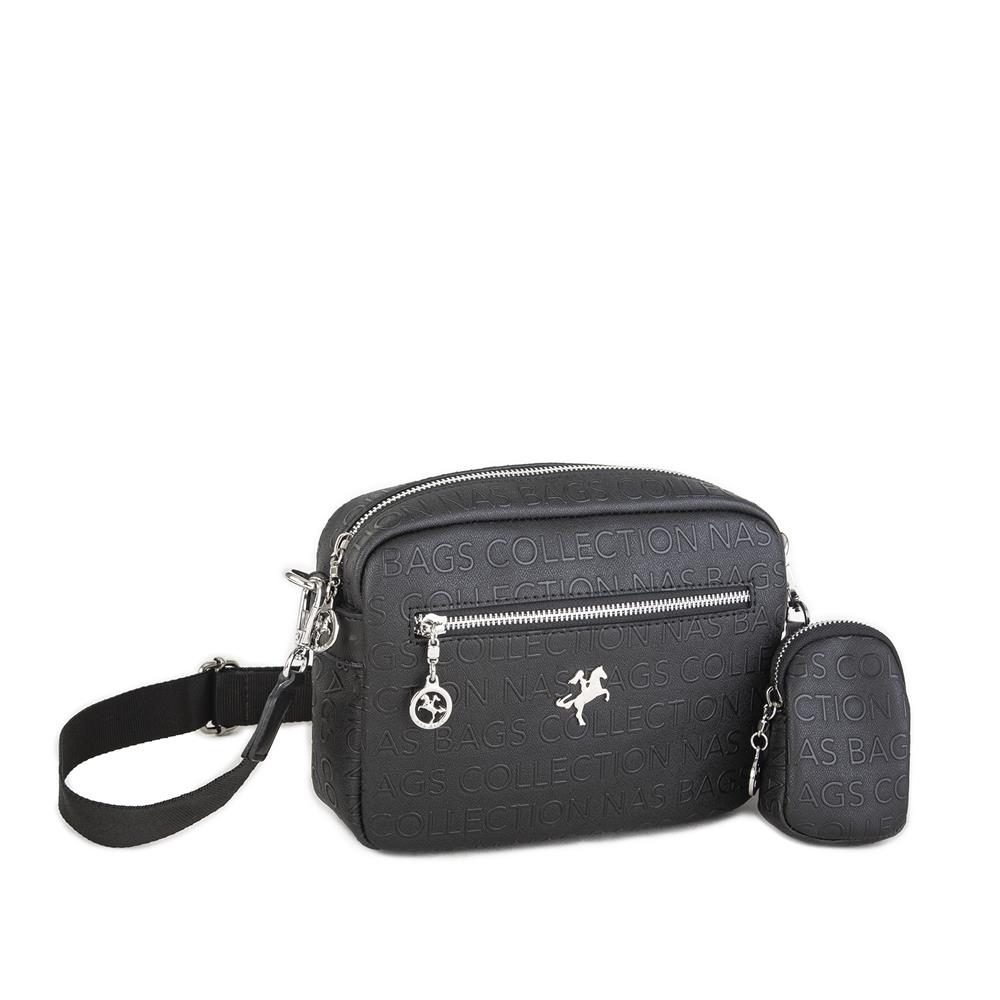 Nas Bag Kadın Çapraz Çanta Mini Cüzdanlı Ayarlanabilir Askılı Siyah Gofraj