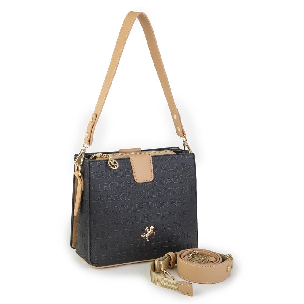 Nas Bag Kadın Çapraz Çanta Siyah Camel  Gofraj