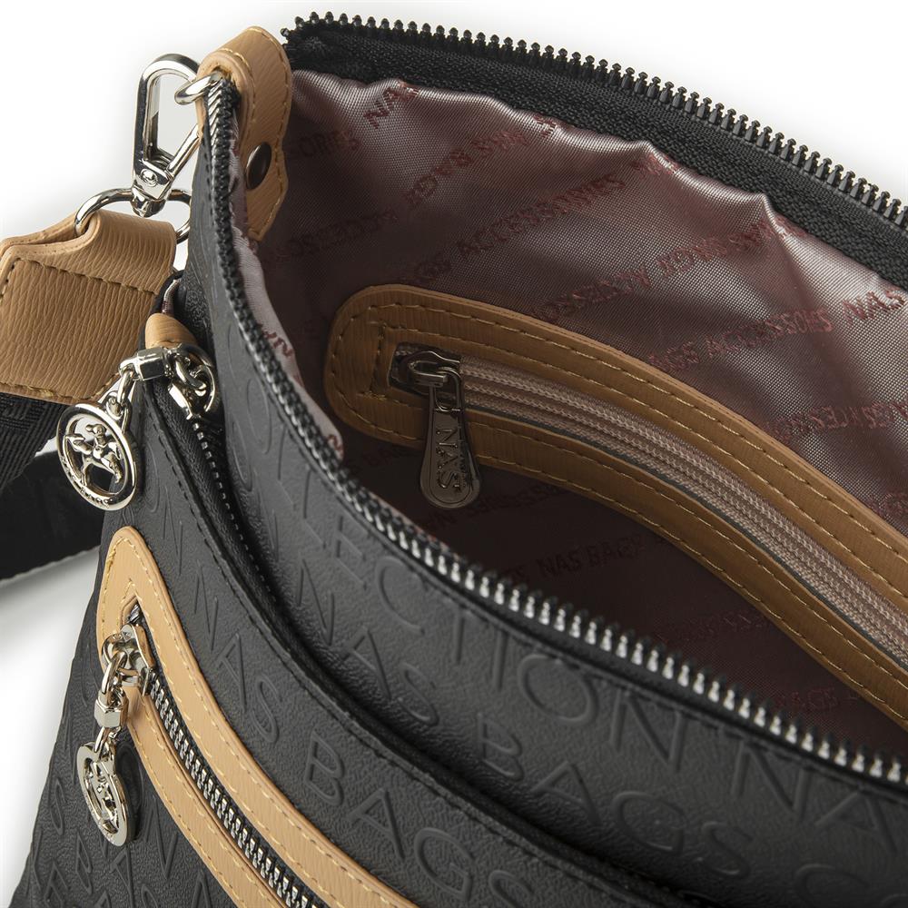 Nas Bag Kadın Çapraz Çanta Siyah Camel Gofraj