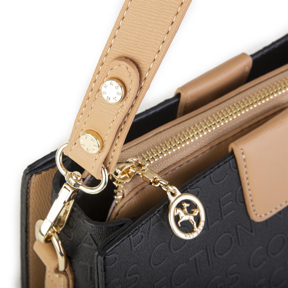 Nas Bag Kadın Çapraz Çanta Siyah Camel  Gofraj