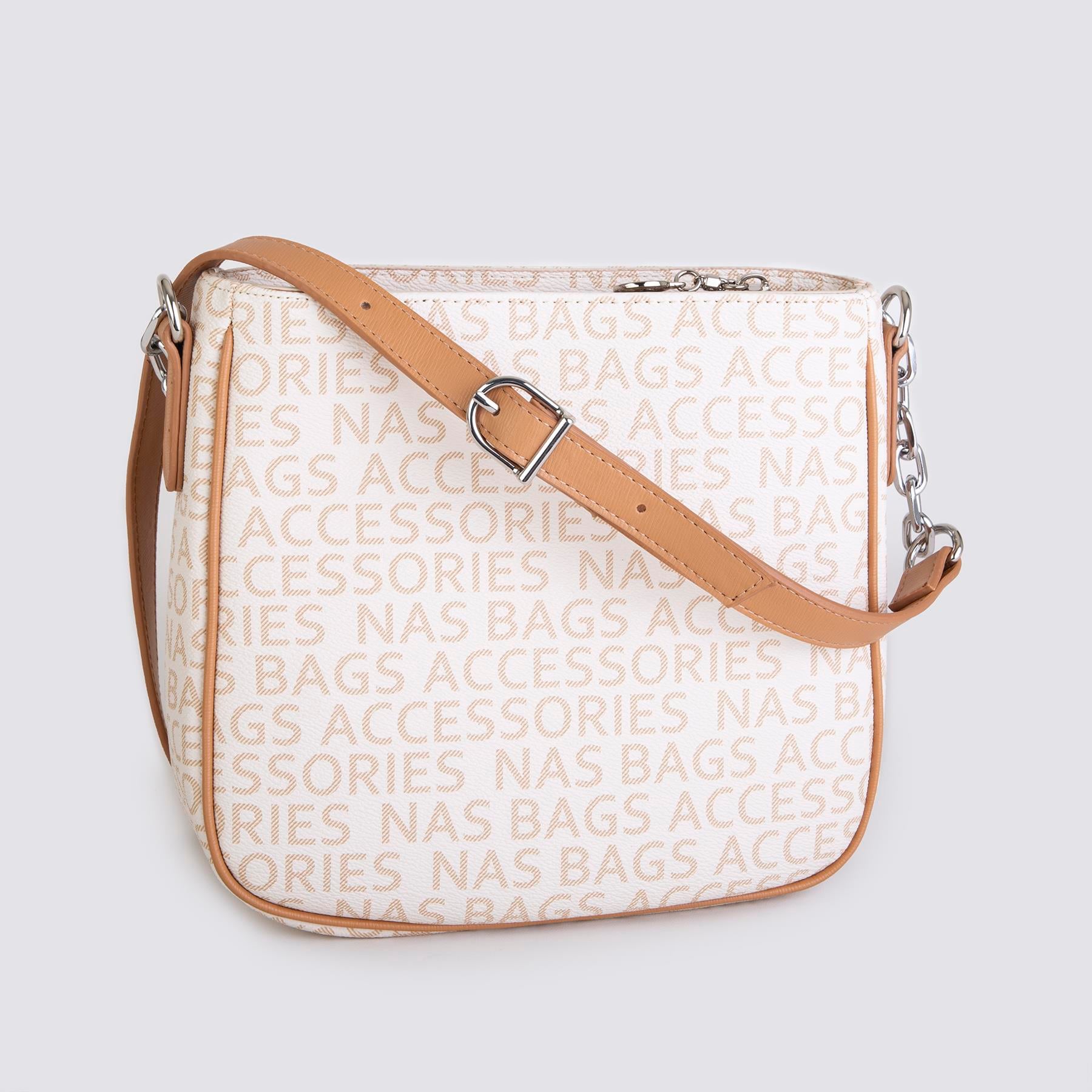 Nas Bag Kadın Çapraz Çanta Spor Ayarlanabilir Askılı  Krem Camel Yazılı (ürün ölçüsü :24x24x7 cm)