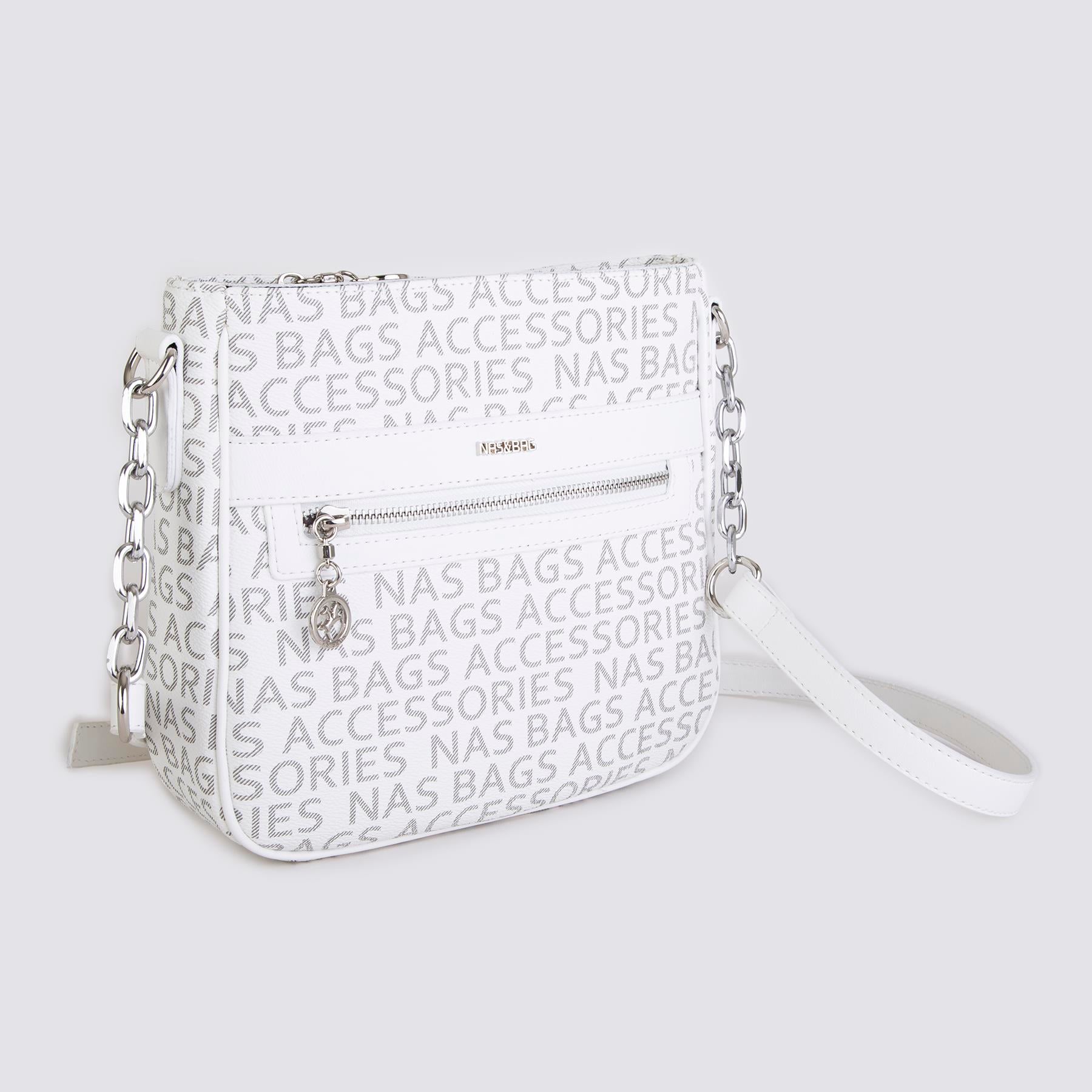 Nas Bag Kadın Çapraz Çanta Spor Ayarlanabilir Askılı  Beyaz Yazılı (ürün ölçüsü :24x24x7 cm)