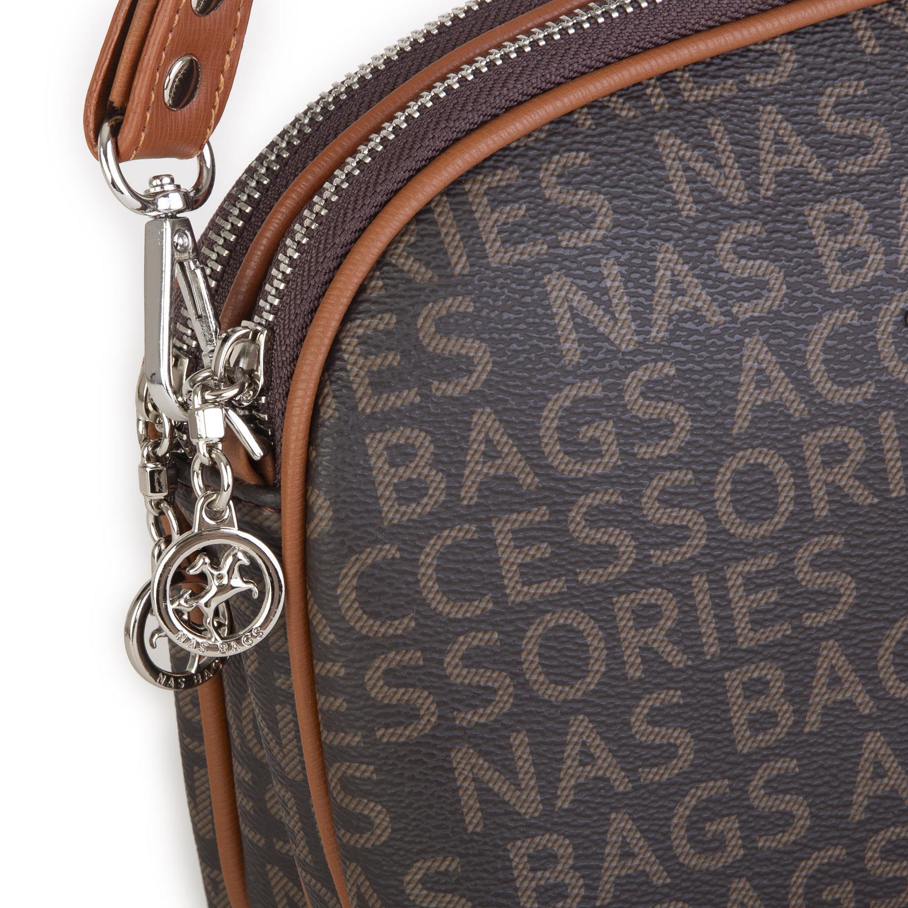 Nas Bag Kadın Çapraz Çantası Çift Gözlü  Kahve Taba Yazılı