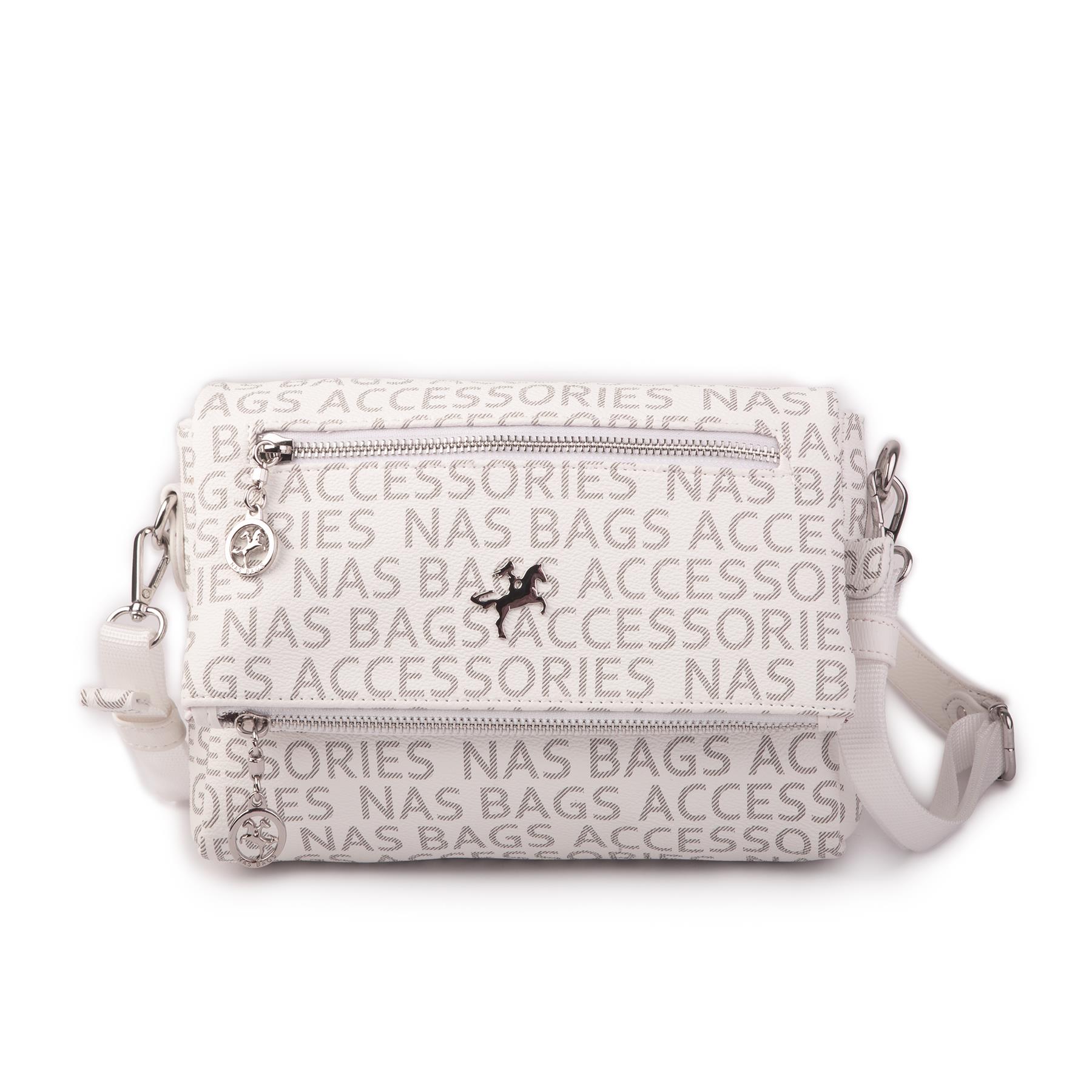 Nas Bag Kadın Çapraz Çok Cepli Spor Çanta Beyaz Yazılı (25x18x7 cm )