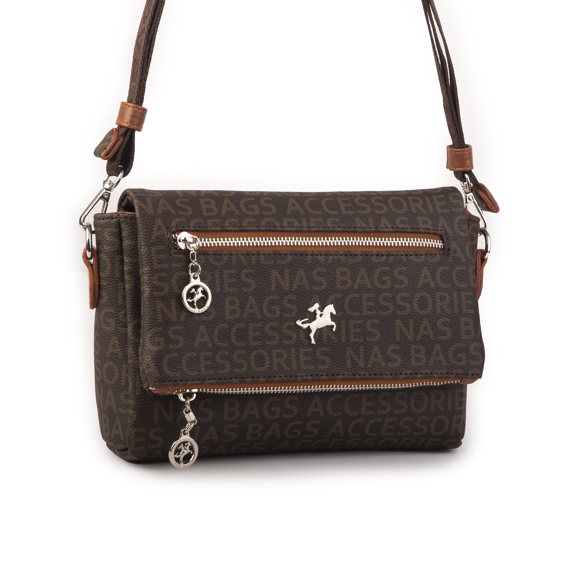Nas Bag Kadın Çapraz Çok Cepli Spor Çanta Kahve Taba Yazılı  (25x18x7 cm )