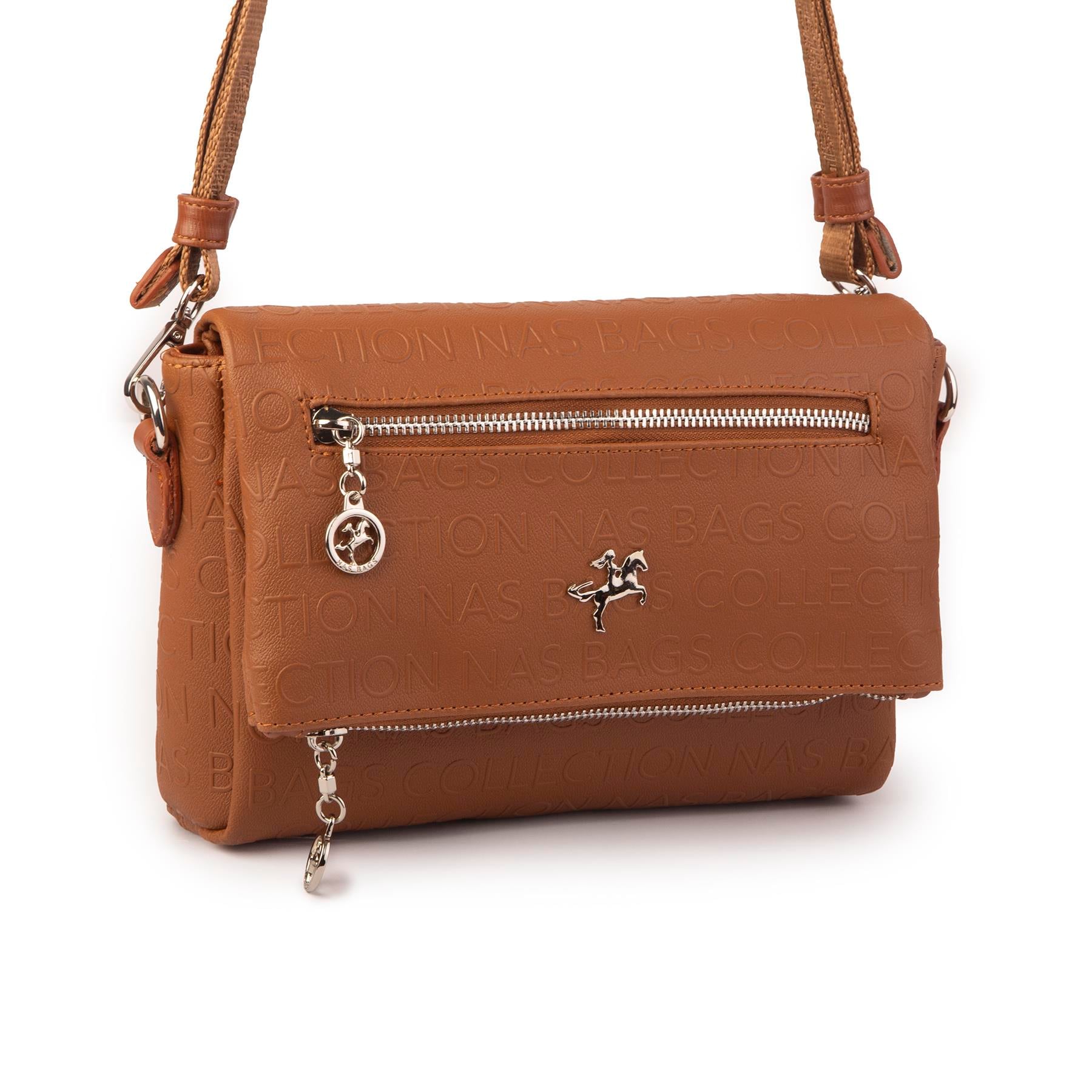 Nas Bag Kadın Çapraz Çok Cepli Spor Çanta Taba Gofraj  (25x18x7 cm )