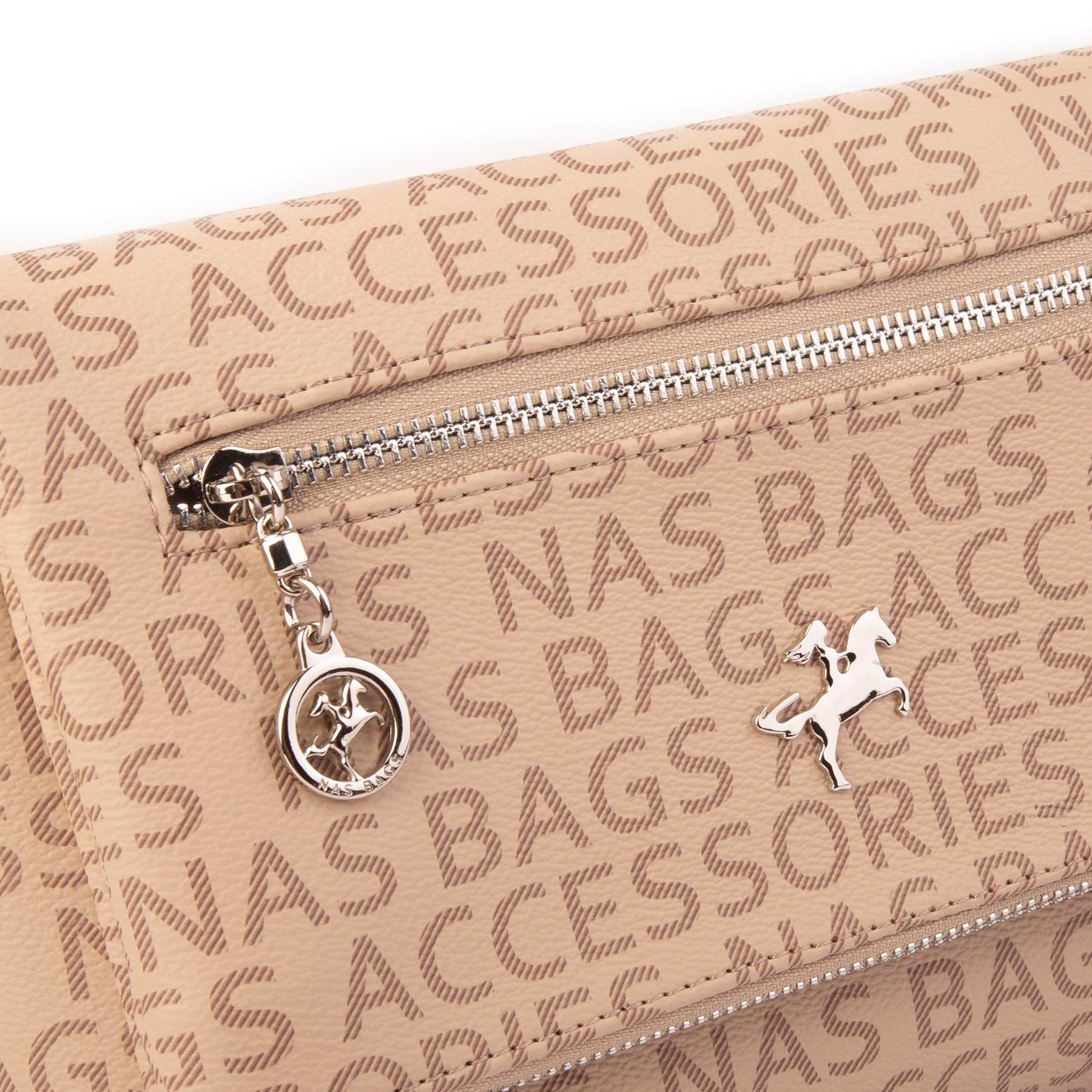 Nas Bag Kadın Çapraz Çok Cepli Spor Çanta Vizon Taba Yazılı  (25x18x7 cm )