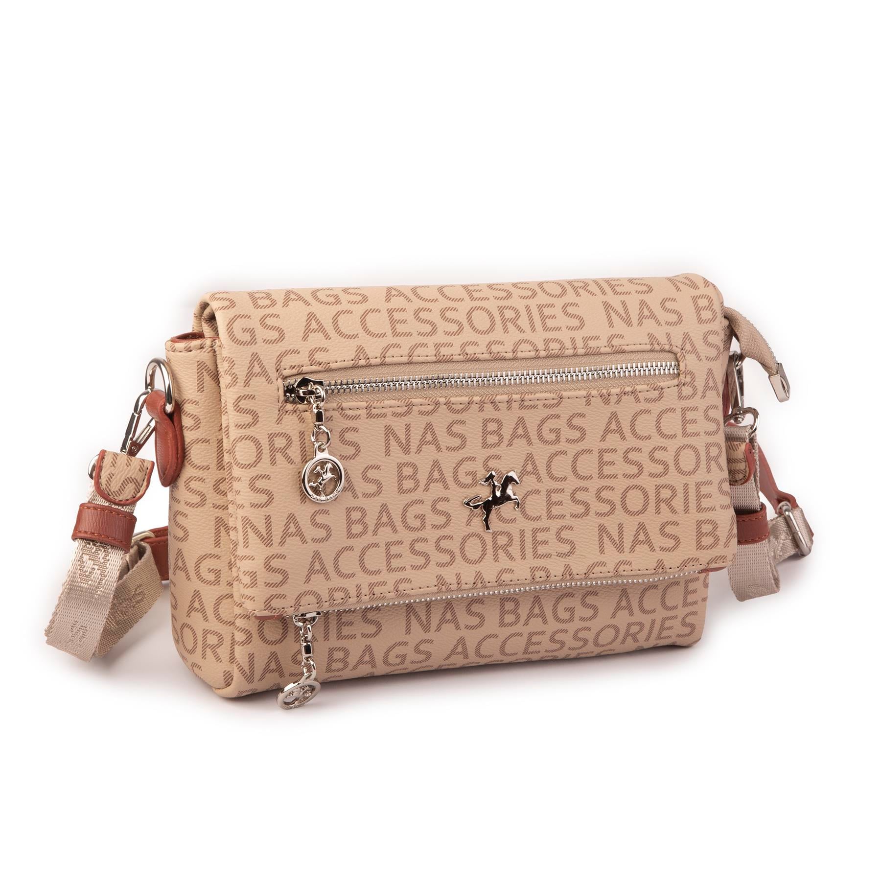 Nas Bag Kadın Çapraz Çok Cepli Spor Çanta Vizon Taba Yazılı  (25x18x7 cm )