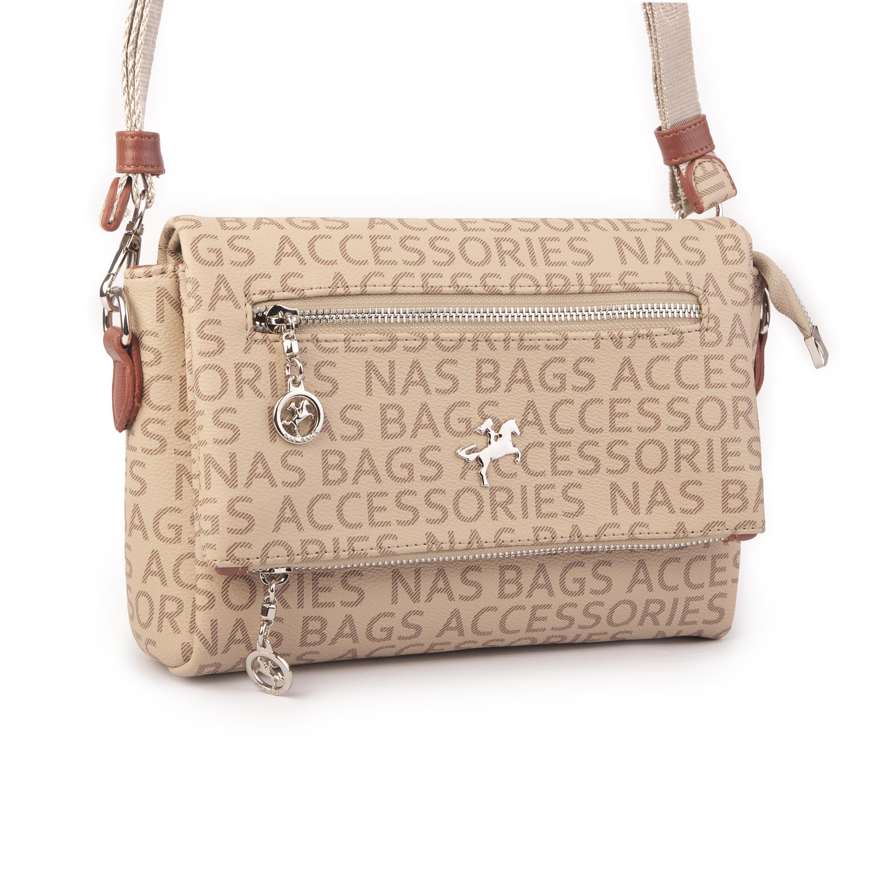 Nas Bag Kadın Çapraz Çok Cepli Spor Çanta Vizon Taba Yazılı  (25x18x7 cm )