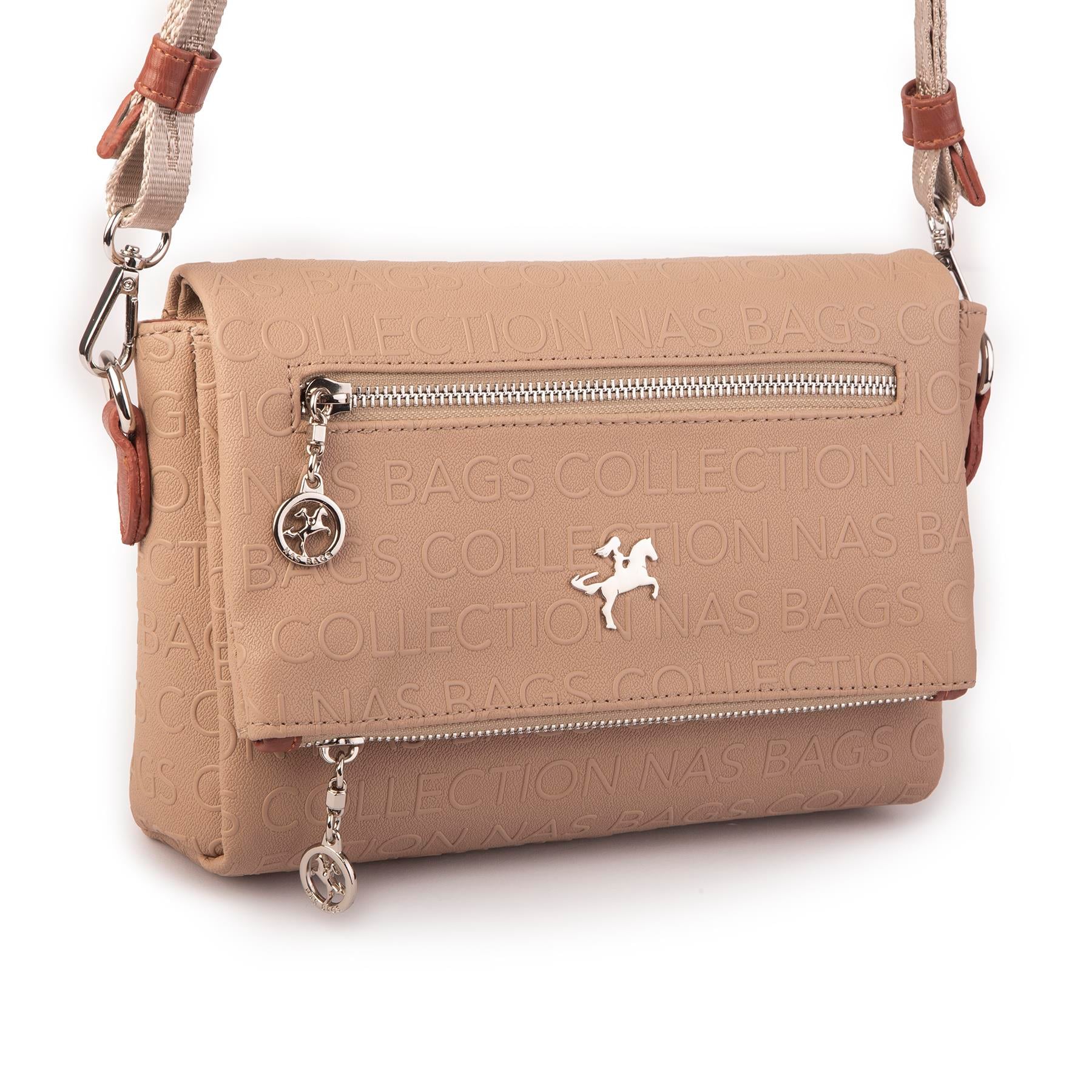 Nas Bag Kadın Çapraz Çok Cepli Spor Çanta Kum  Taba Gofraj  (25x18x7 cm )