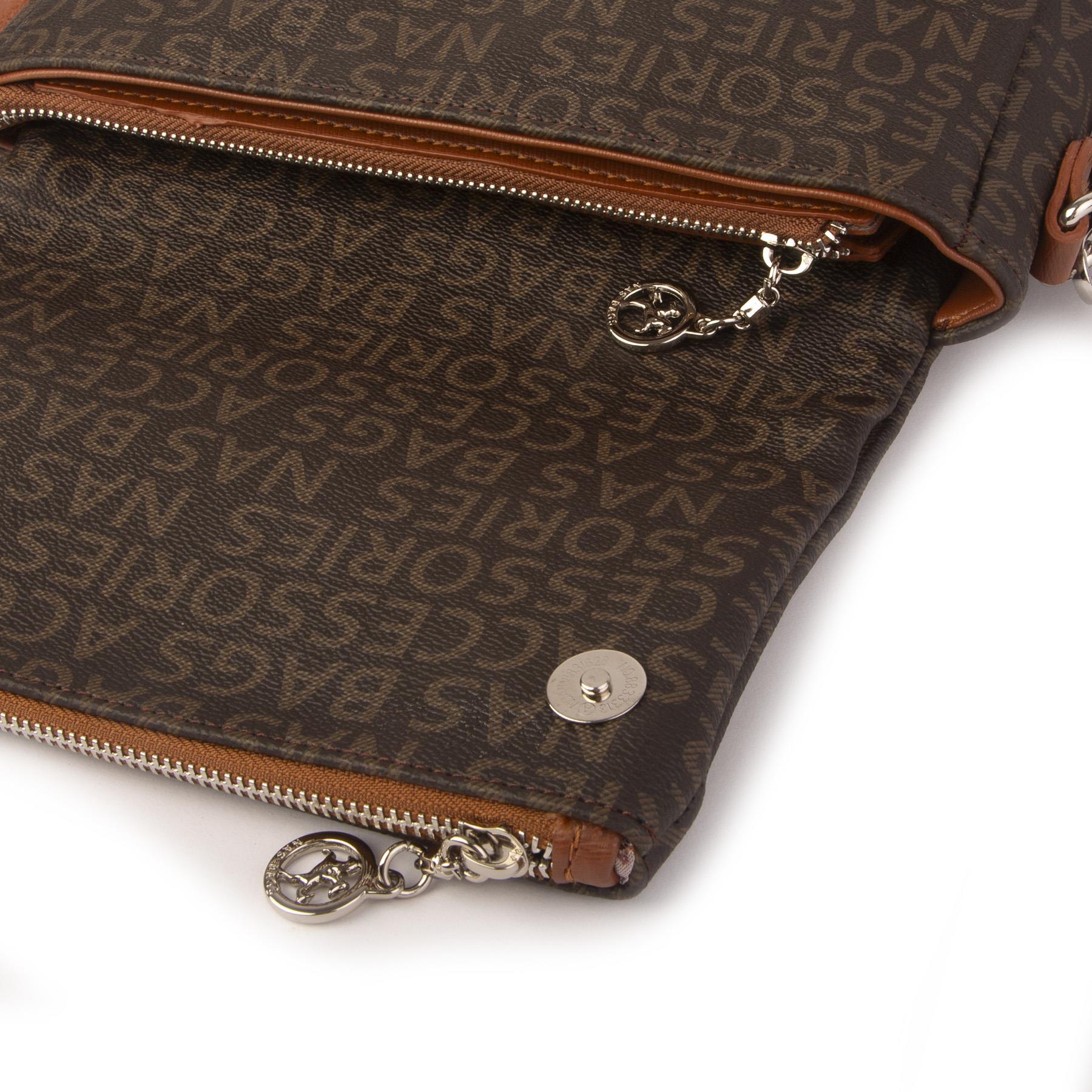 Nas Bag Kadın Çapraz Çok Cepli Spor Çanta Kahve Taba Yazılı  (25x18x7 cm )