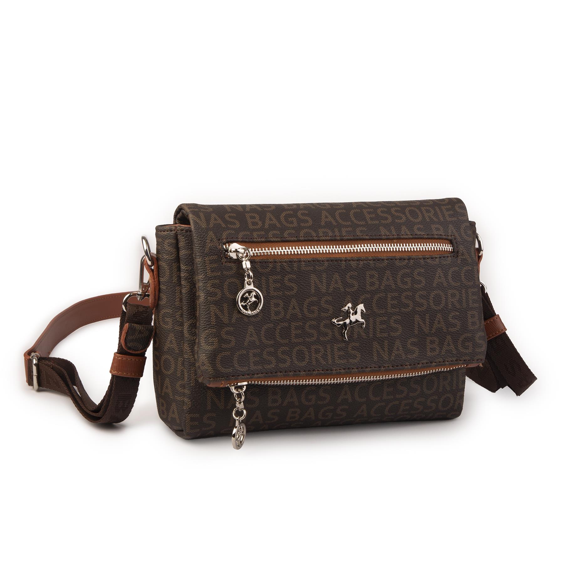 Nas Bag Kadın Çapraz Çok Cepli Spor Çanta Kahve Taba Yazılı  (25x18x7 cm )