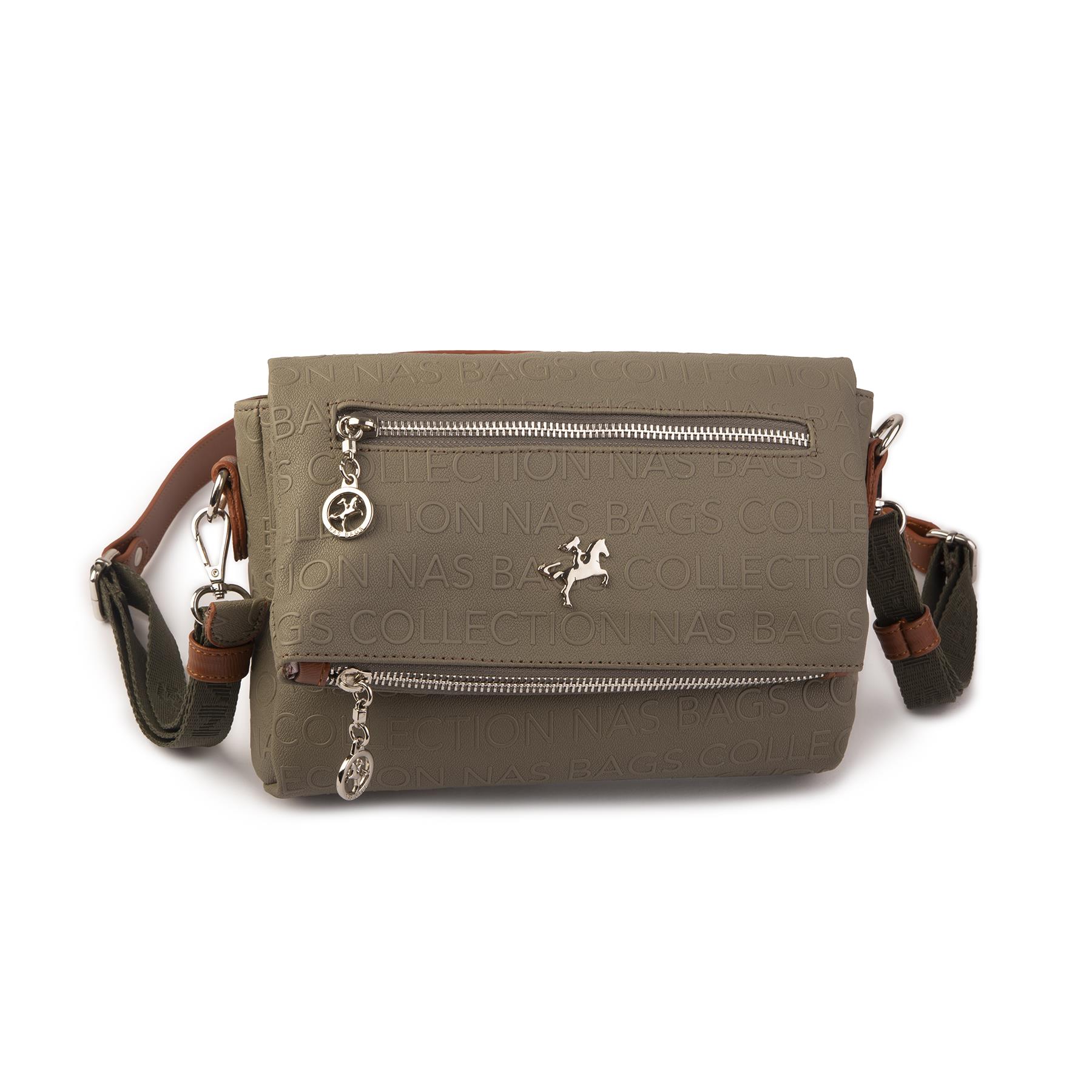 Nas Bag Kadın Çapraz Çok Cepli Spor Çanta Yeşil  Taba Gofraj (25x18x7 cm )