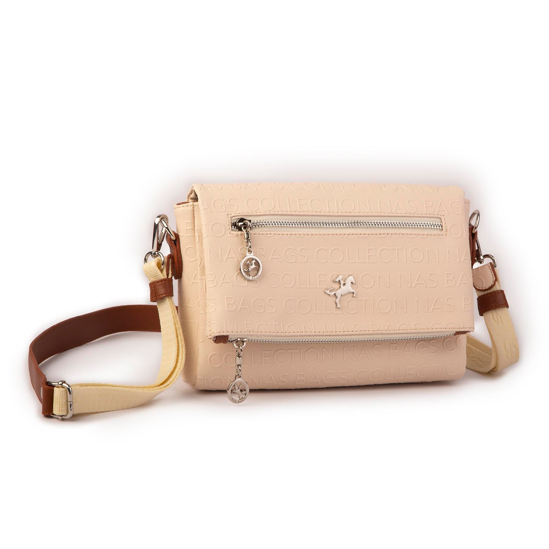 Nas Bag Kadın Çapraz Çok Cepli Spor Çanta Krem  Taba Gofraj  (25x18x7 cm )