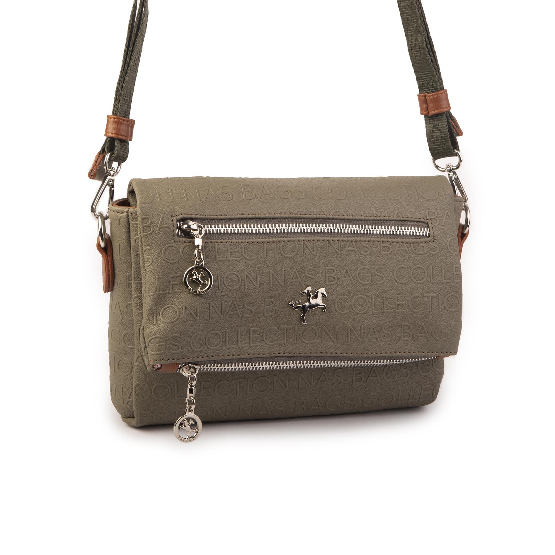Nas Bag Kadın Çapraz Çok Cepli Spor Çanta Yeşil  Taba Gofraj (25x18x7 cm )