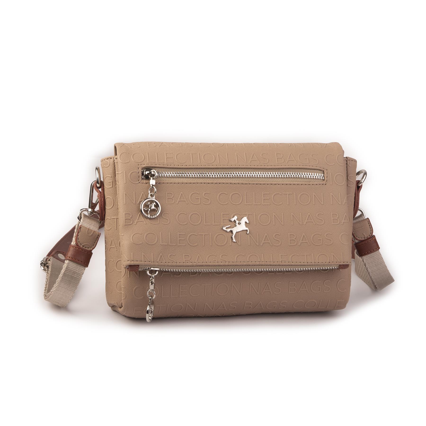 Nas Bag Kadın Çapraz Çok Cepli Spor Çanta Kum  Taba Gofraj  (25x18x7 cm )