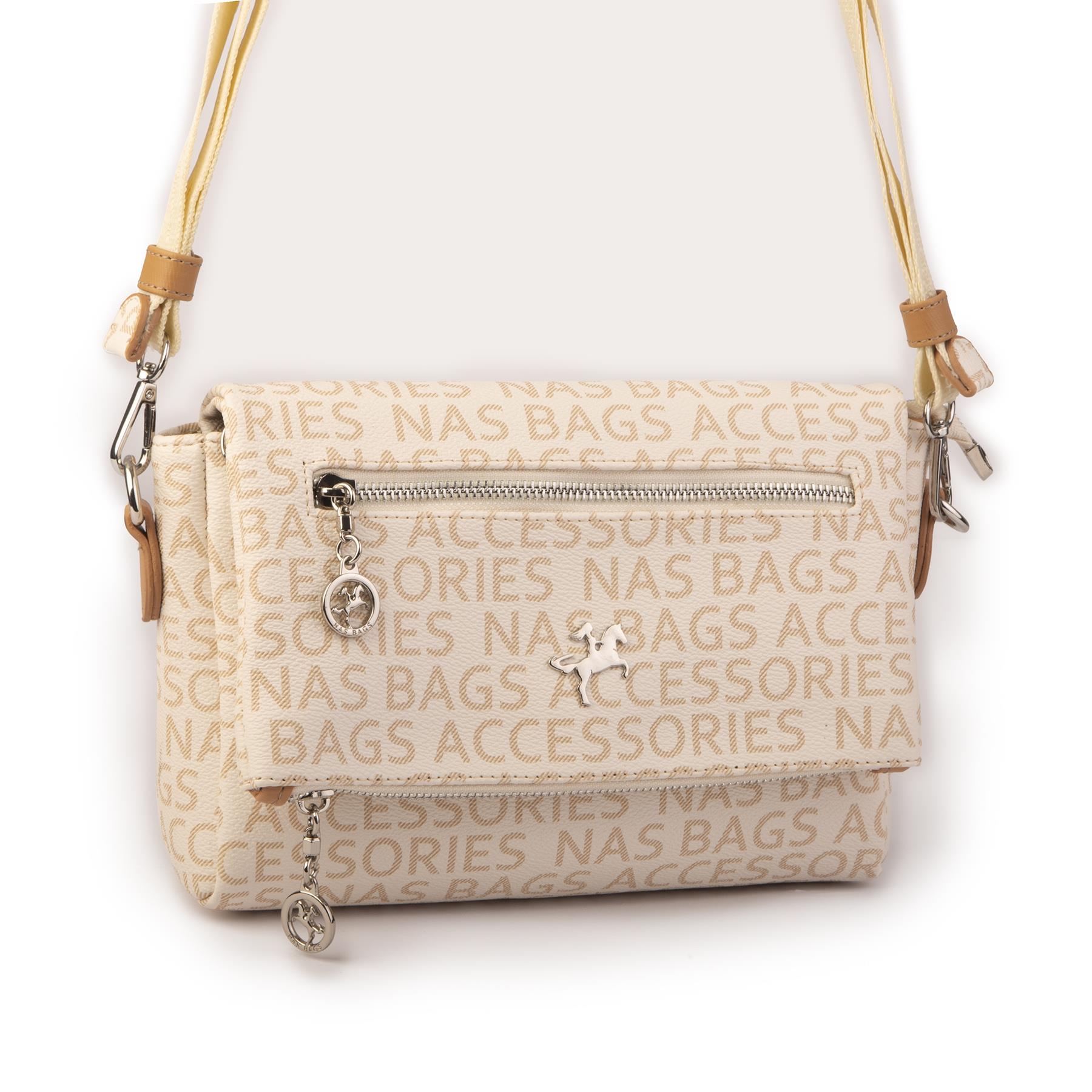 Nas Bag Kadın Çapraz Çok Cepli Spor Çanta Krem Camel Yazılı  (25x18x7 cm )