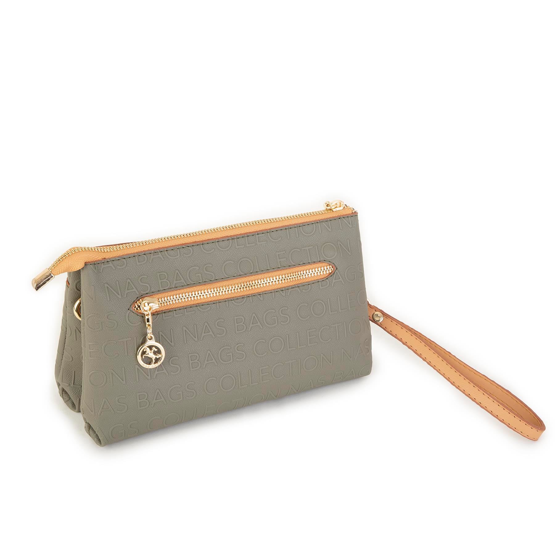 Nas Bag Kadın Çapraz ve Clutch Çanta Bilek ve Çapraz Askılı Yeşil Camel Gofraj  (24x15 cm) 