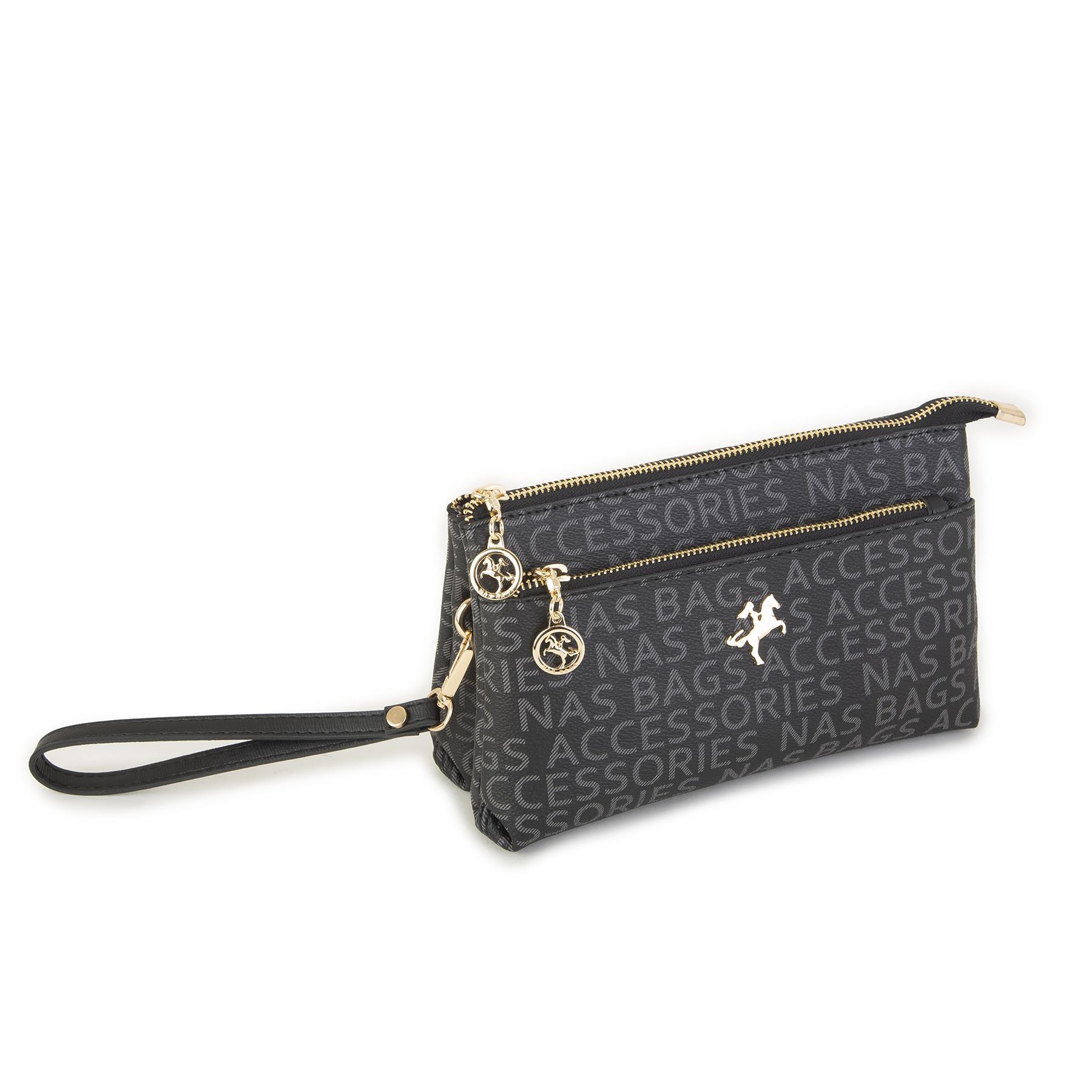 Nas Bag Kadın Çapraz ve Clutch Çanta Bilek ve Çapraz Askılı Siyah  Yazılı (24x15 cm) 