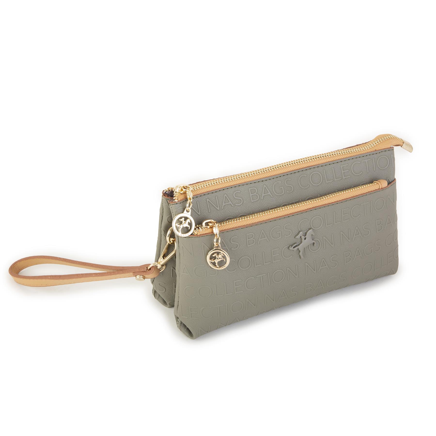 Nas Bag Kadın Çapraz ve Clutch Çanta Bilek ve Çapraz Askılı Yeşil Camel Gofraj  (24x15 cm) 