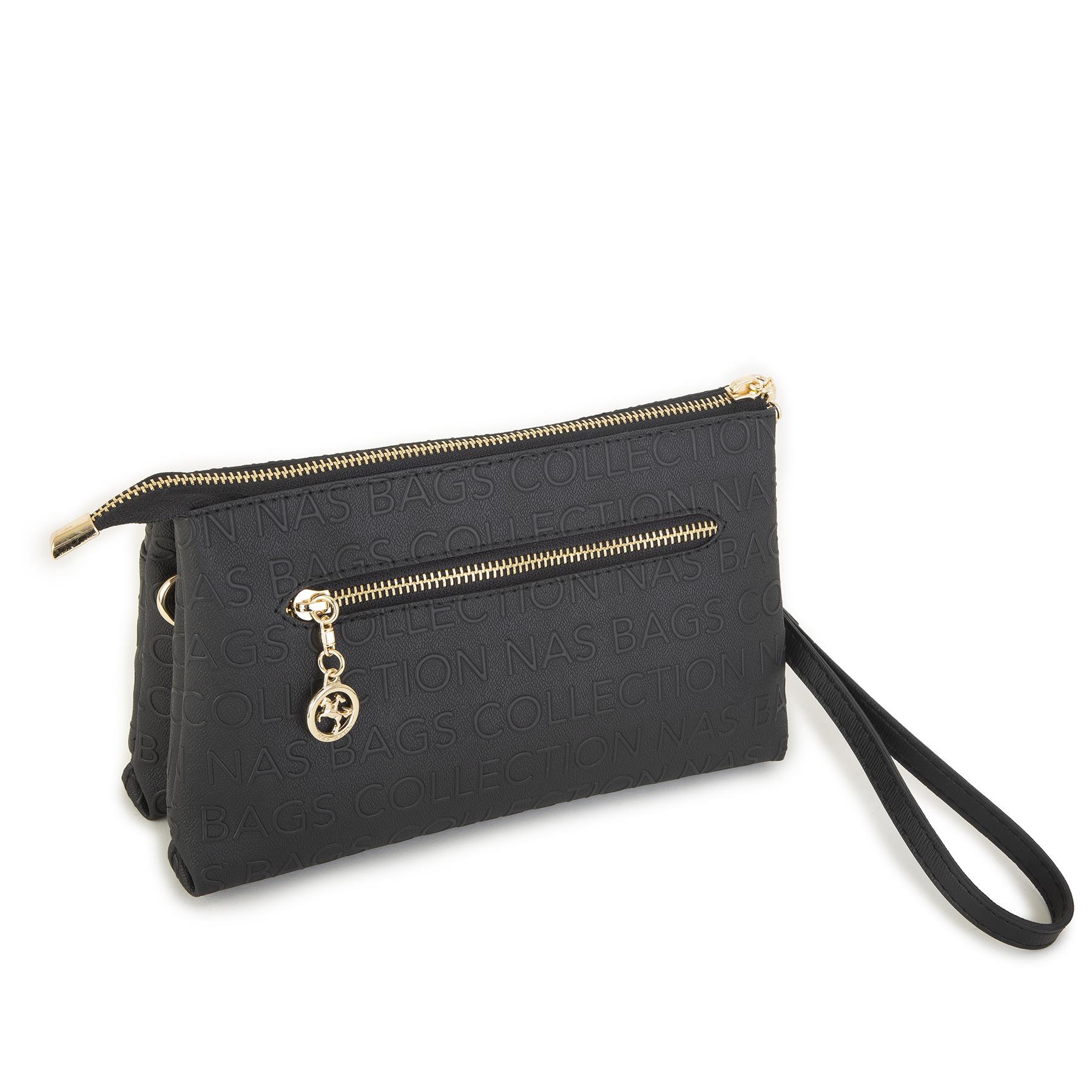 Nas Bag Kadın Çapraz ve Clutch Çanta Bilek ve Çapraz Askılı  Siyah  Gofraj  (24x15 cm) 