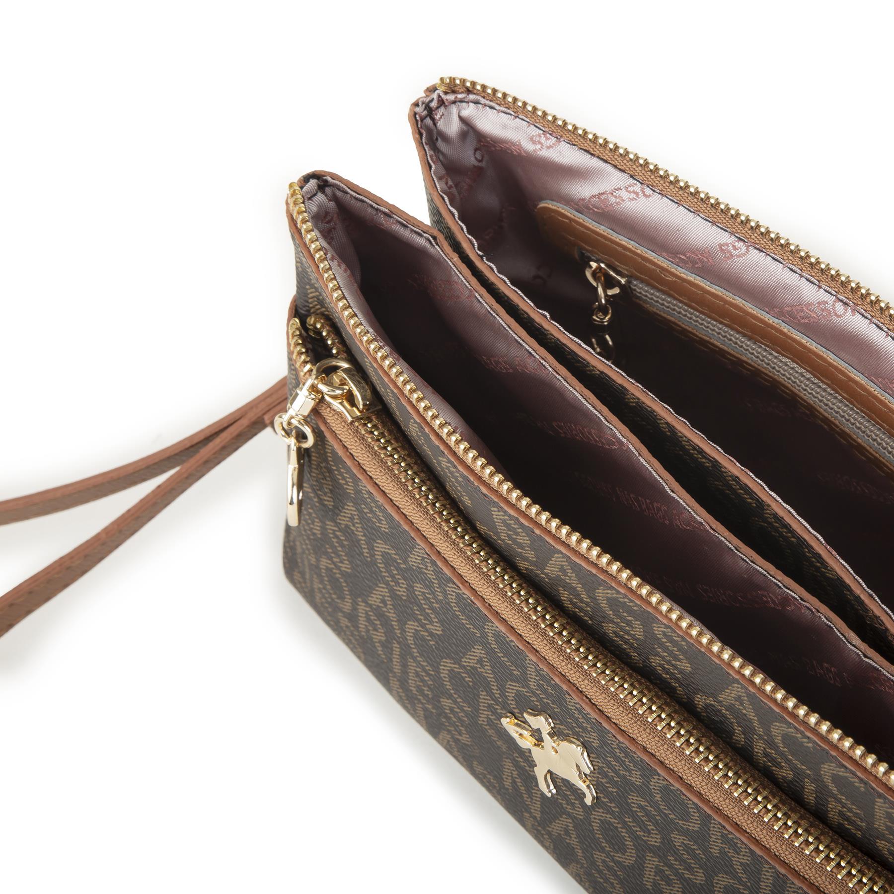 Nas Bag Kadın Çapraz ve Clutch Çanta Bilek ve Çapraz Askılı  Kahve Taba Yazılı (24x15 cm) 