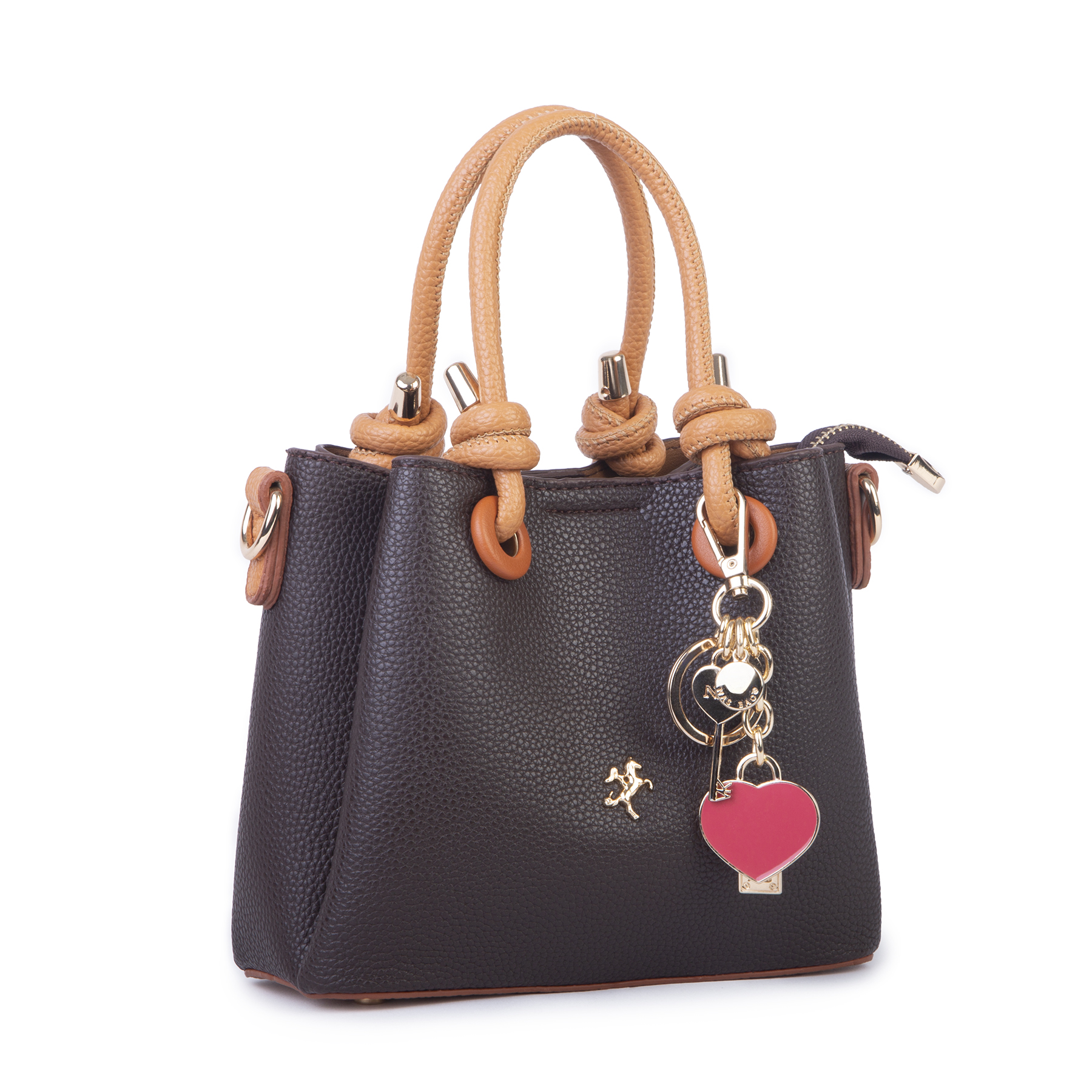 Nas Bag Kadın Charmlı Mini El ve Çapraz Çanta (en :19 cm , boy:15 cm) Kahve Taba Lopez