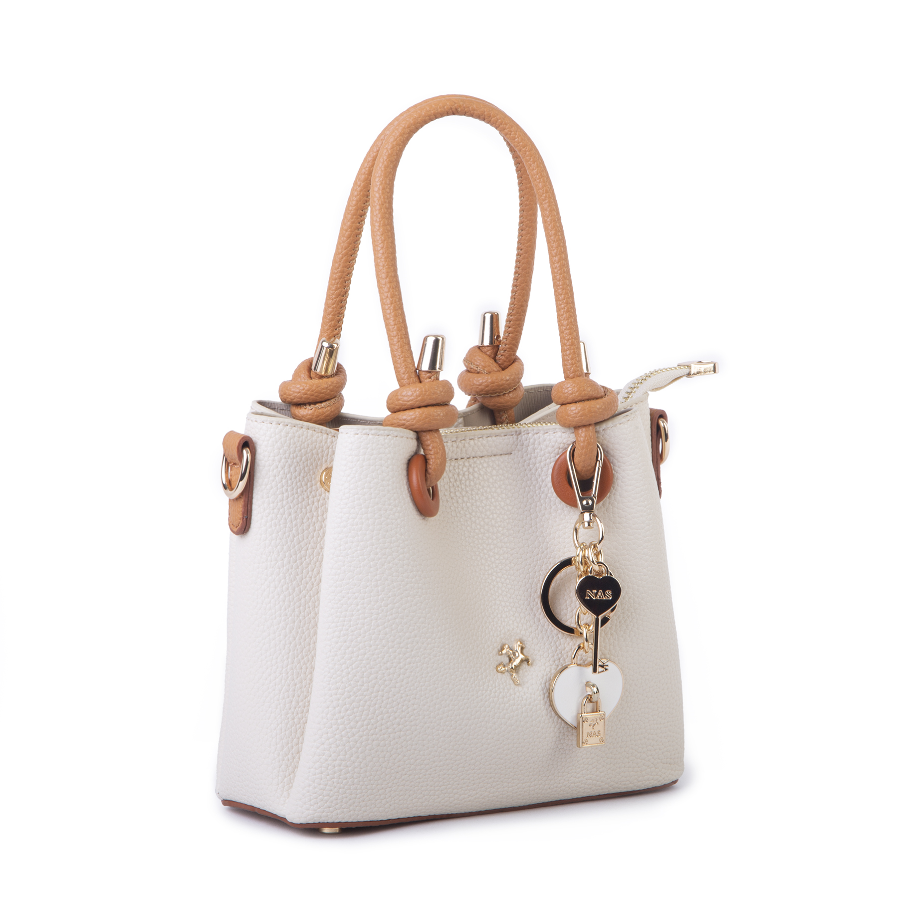 Nas Bag Kadın Charmlı Mini El ve Çapraz Çanta (en :19 cm , boy:15 cm) Krem Taba Lopez