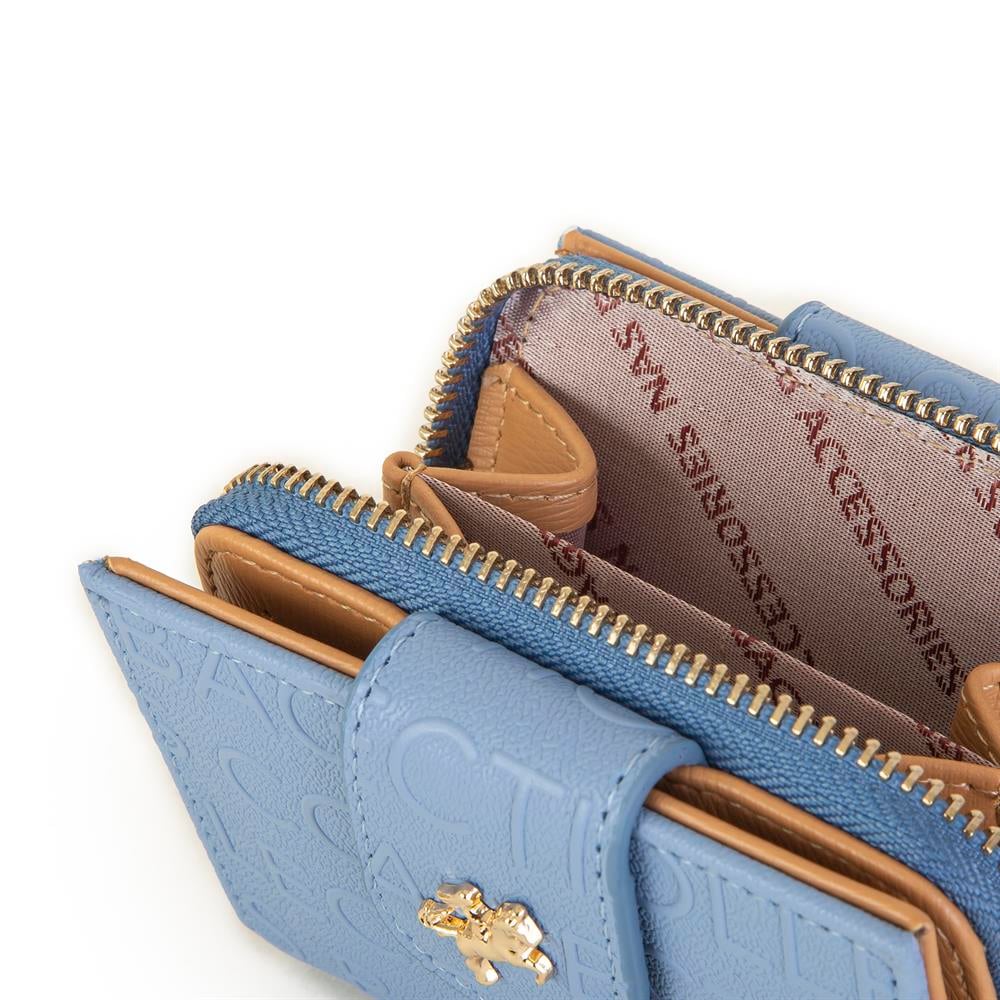 Nas Bag Kadın Çift Kapaklı Mini Cüzdan Mavi Camel Gofraj
