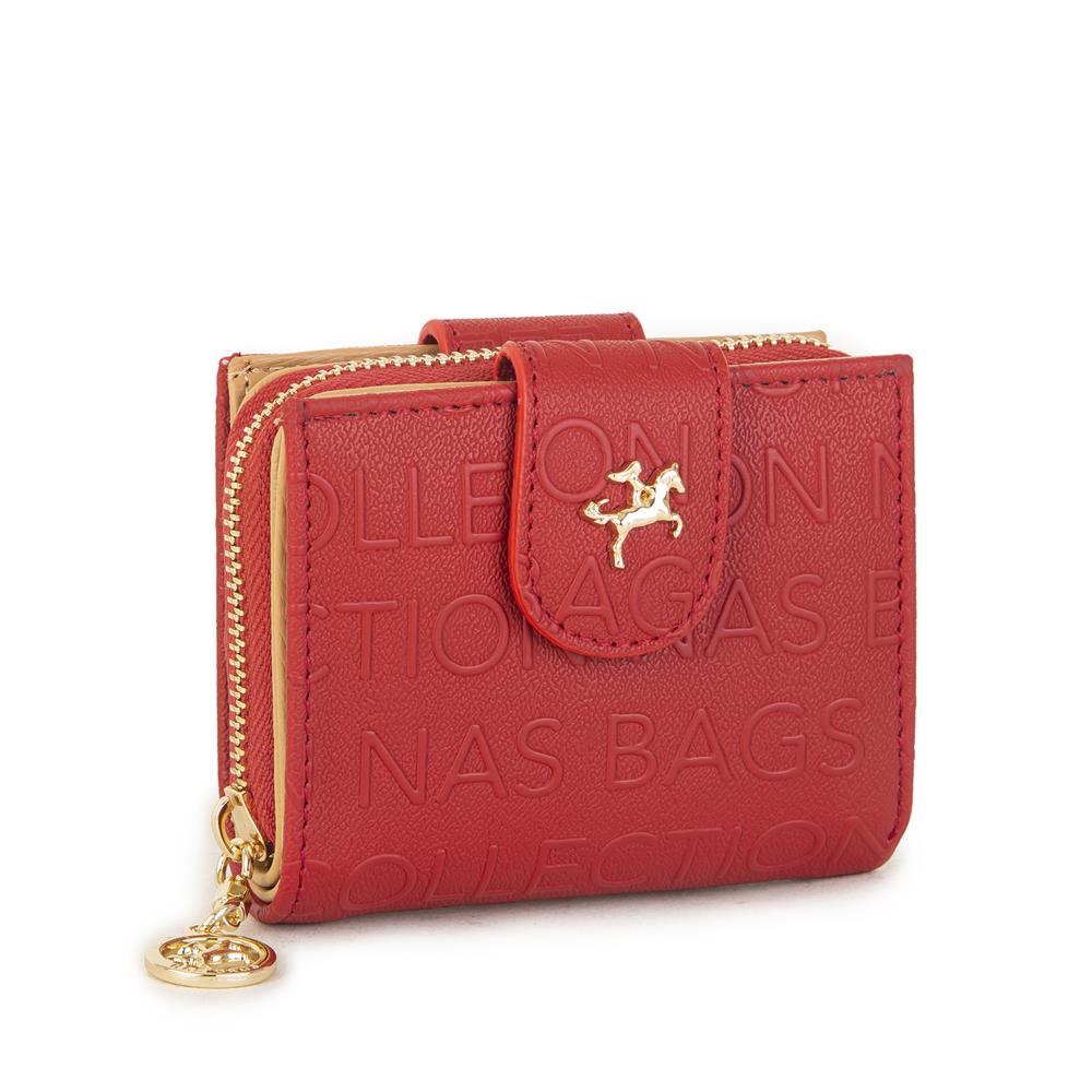 Nas Bag Kadın Çift Kapaklı Mini Cüzdan Kırmızı Camel Gofraj