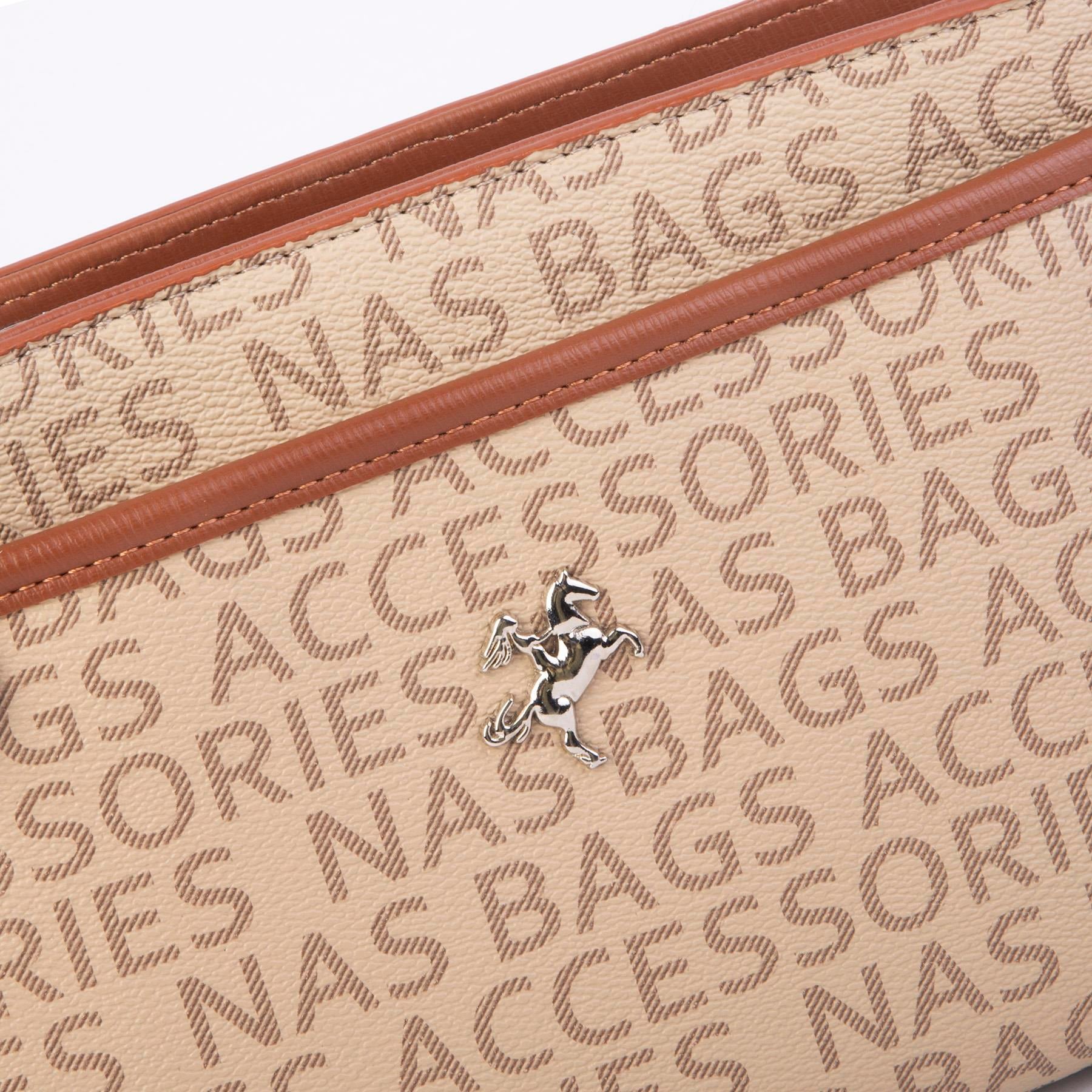 Nas Bag Kadın Çok Gözlü  Ayarlanabilir Askılı Omuz ve Çapraz Çanta Vizon Taba  Yazılı