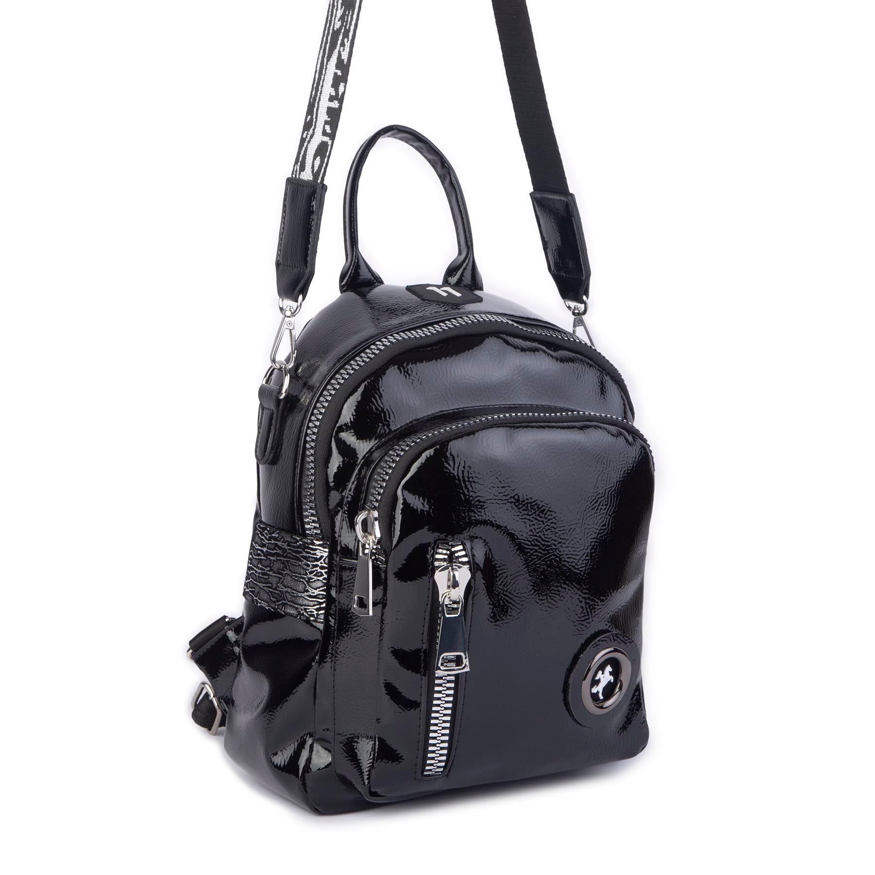 Nas Bag Kadın Dönüştürülebilir Sırt ve Omuz Çantası Şık Geniş Fermuarlı Çanta (24x31x14 cm) Siyah Krsk Rugan
