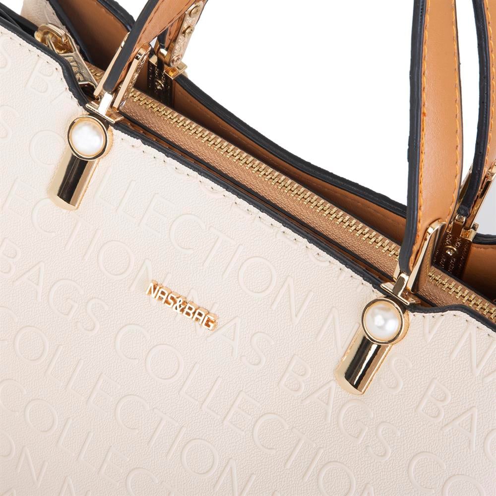 Nas Bag Kadın El Çantası Krem  Camel Gofraj