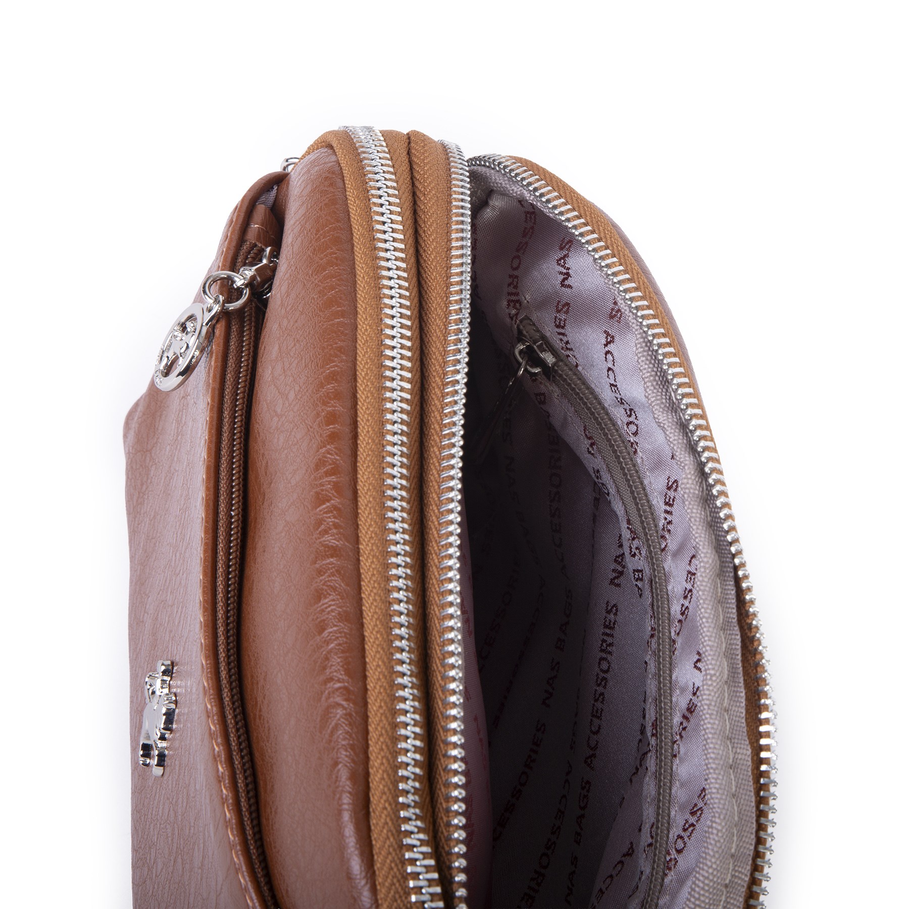 Nas Bag Kadın Günlük Sade Şık Çok Gözlü Çapraz Çanta (23x14 cm) Taba Victoria