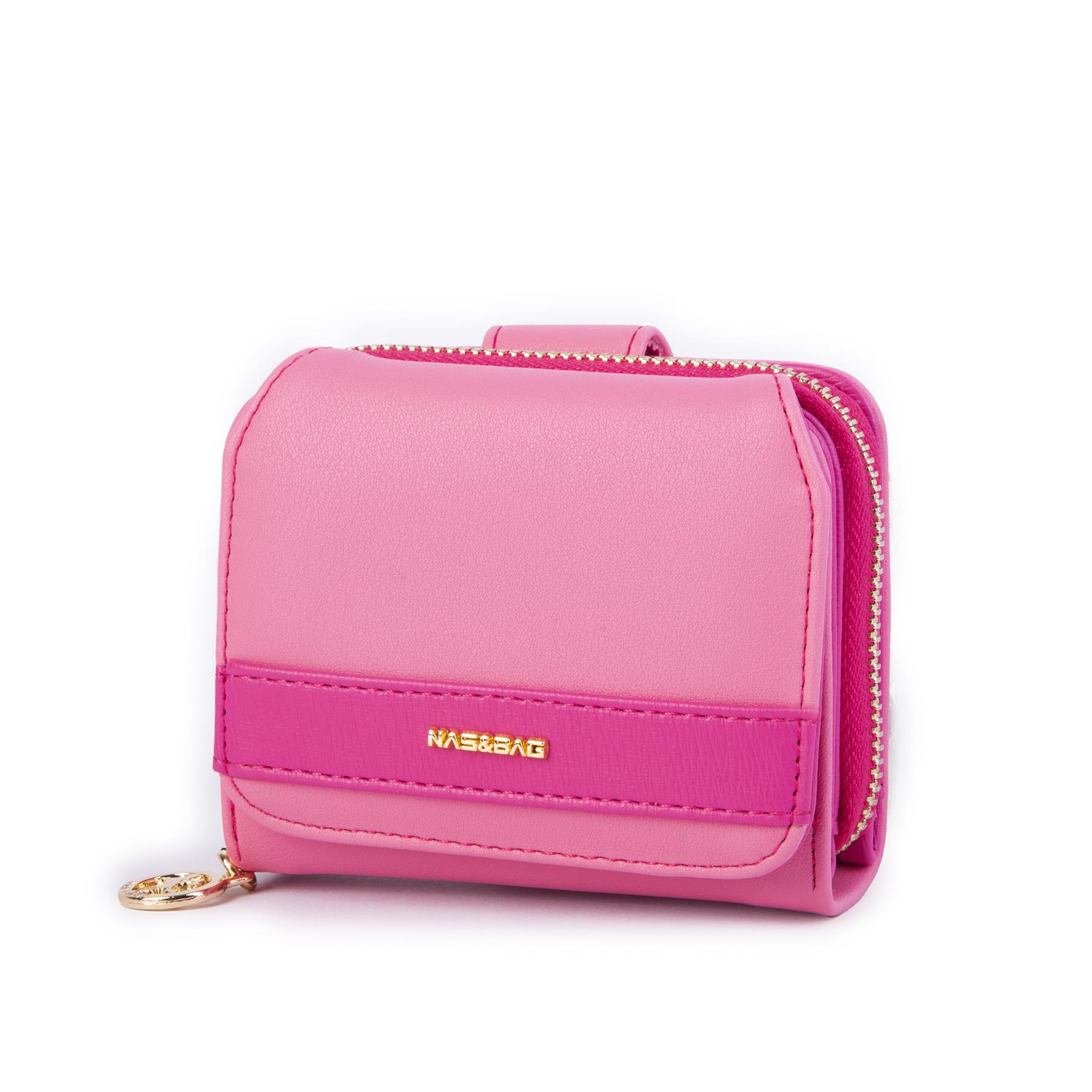 Nas Bag Kadın Kartlık Kağıt ve Demir Para ile Fotoğraflıklı Çok Fonksiyonlu Midi Boy Cüzdan  Fuşya Dona (en:11 cm boy: 8 cm )